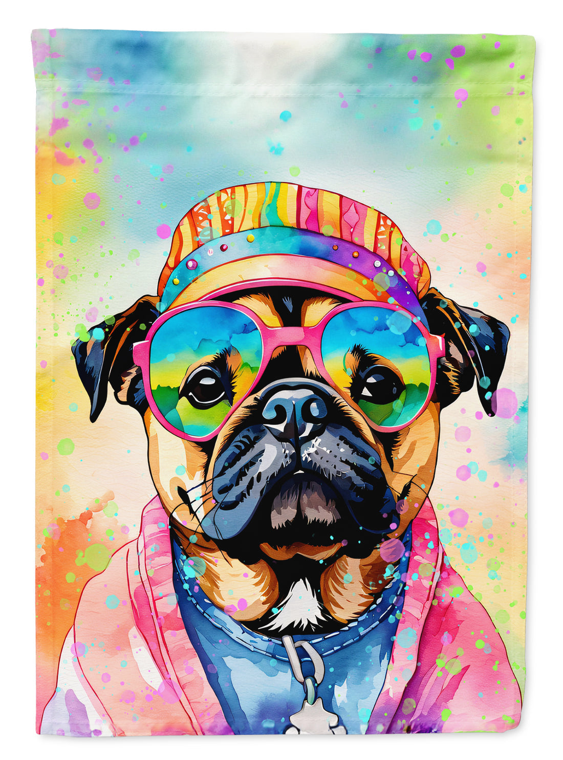 Pug Hippie Dawg House Flag 28x40 Porch Sleeve Pole Decorative Outside Yard Banner Artwork Wall Hanging, Polyester
