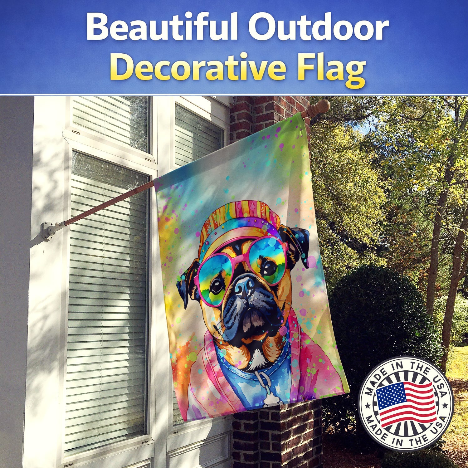 Pug Hippie Dawg House Flag 28x40 Porch Sleeve Pole Decorative Outside Yard Banner Artwork Wall Hanging, Polyester
