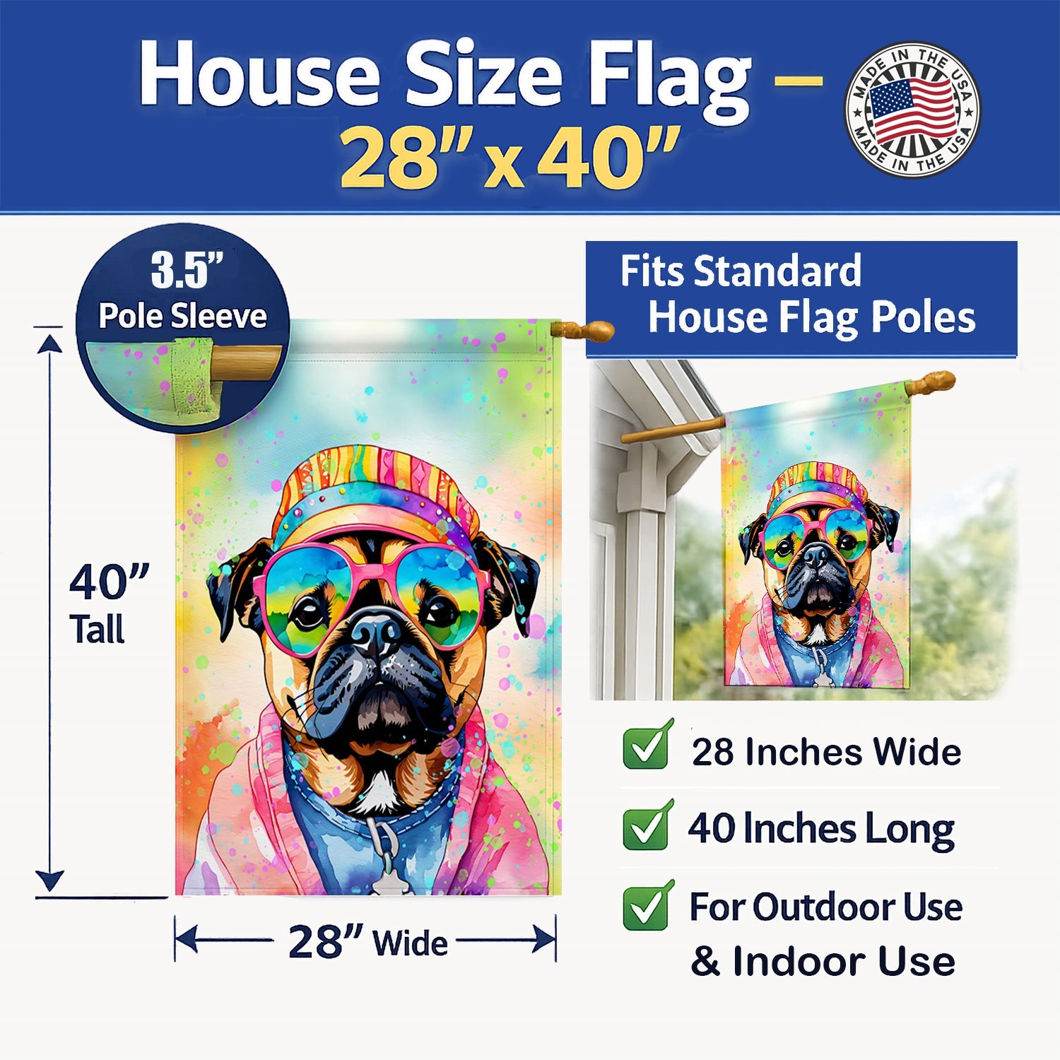 Pug Hippie Dawg House Flag 28x40 Porch Sleeve Pole Decorative Outside Yard Banner Artwork Wall Hanging, Polyester