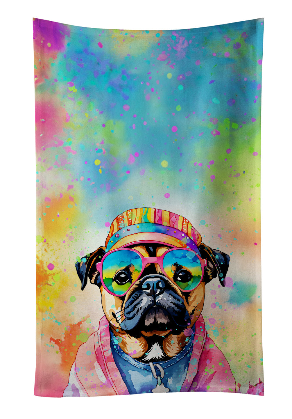 Pug Hippie Dawg Kitchen Towel Velour Plush Front and Cotton Loop Back Machine Washable