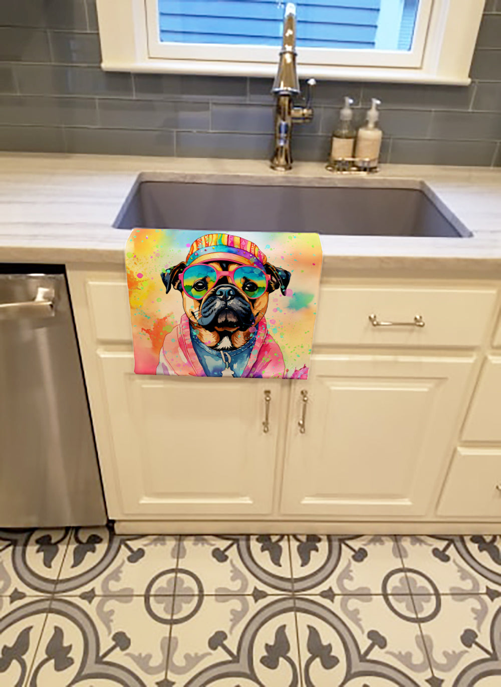 Pug Hippie Dawg Kitchen Towel Velour Plush Front and Cotton Loop Back Machine Washable