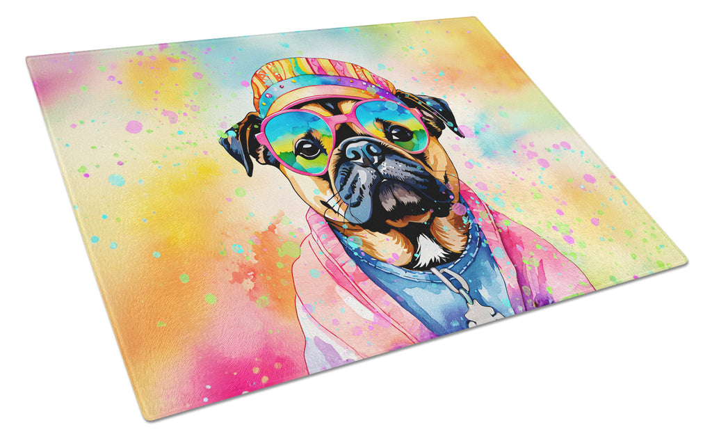 Pug Hippie Dawg Cutting Board Tempered Glass Kitchen Cutting Surface, Heat Resistant Chopping, Non-Slip Feet, Food Prep & Serving