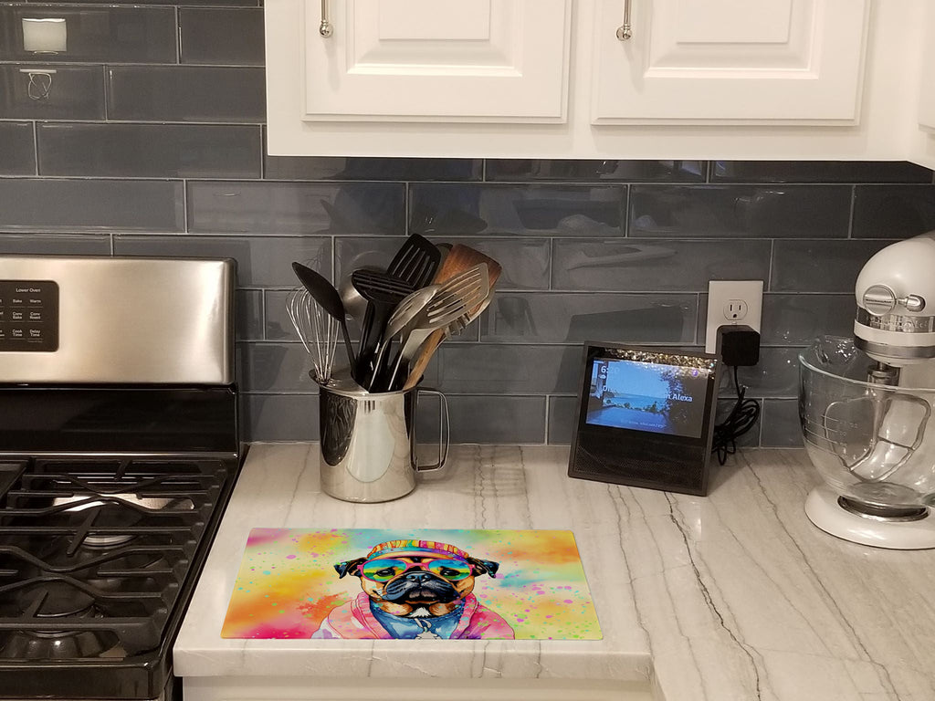 Pug Hippie Dawg Cutting Board Tempered Glass Kitchen Cutting Surface, Heat Resistant Chopping, Non-Slip Feet, Food Prep & Serving