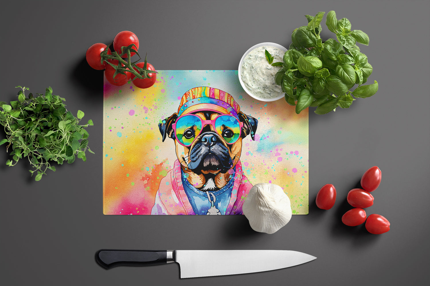 Pug Hippie Dawg Cutting Board Tempered Glass Kitchen Cutting Surface, Heat Resistant Chopping, Non-Slip Feet, Food Prep & Serving