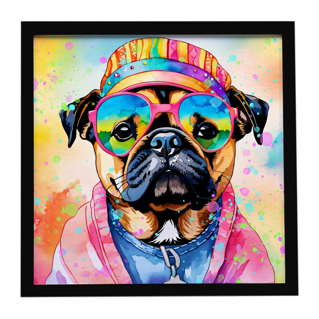 Pug Hippie Dawg Framed Metal Print Bathroom, Kitchen, Office, Home Decor Wall Art Ready to Hang, Square, 8X8