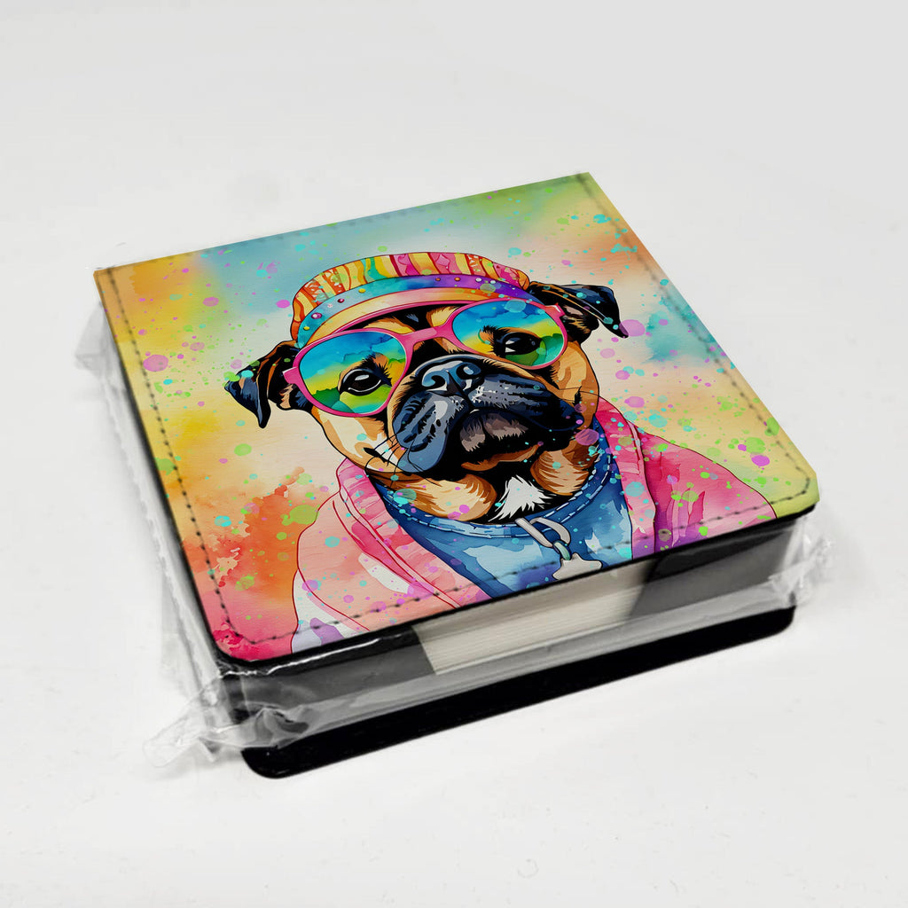 Pug Hippie Dawg PU Leather Note Paper Holder with Artist-Designed Cover, Desk Accessory, Office Gift