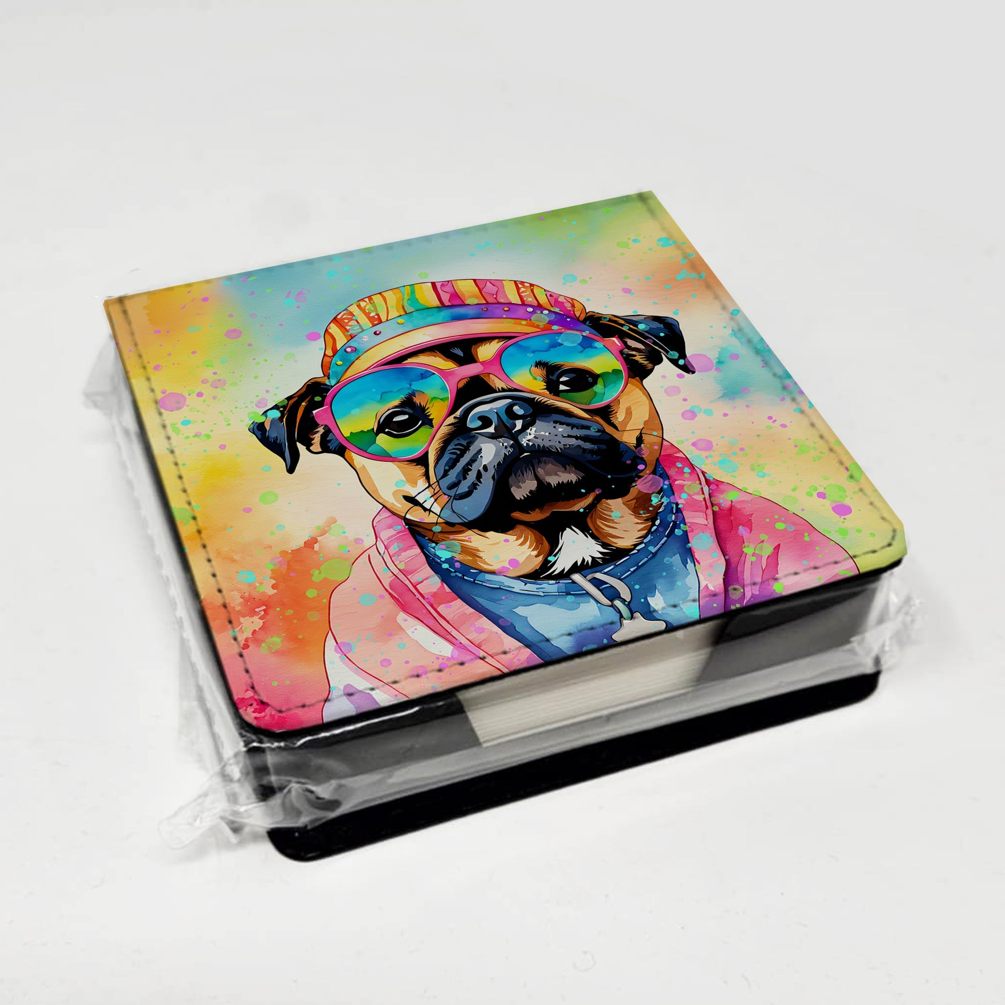 Pug Hippie Dawg PU Leather Note Paper Holder with Artist-Designed Cover, Desk Accessory, Office Gift