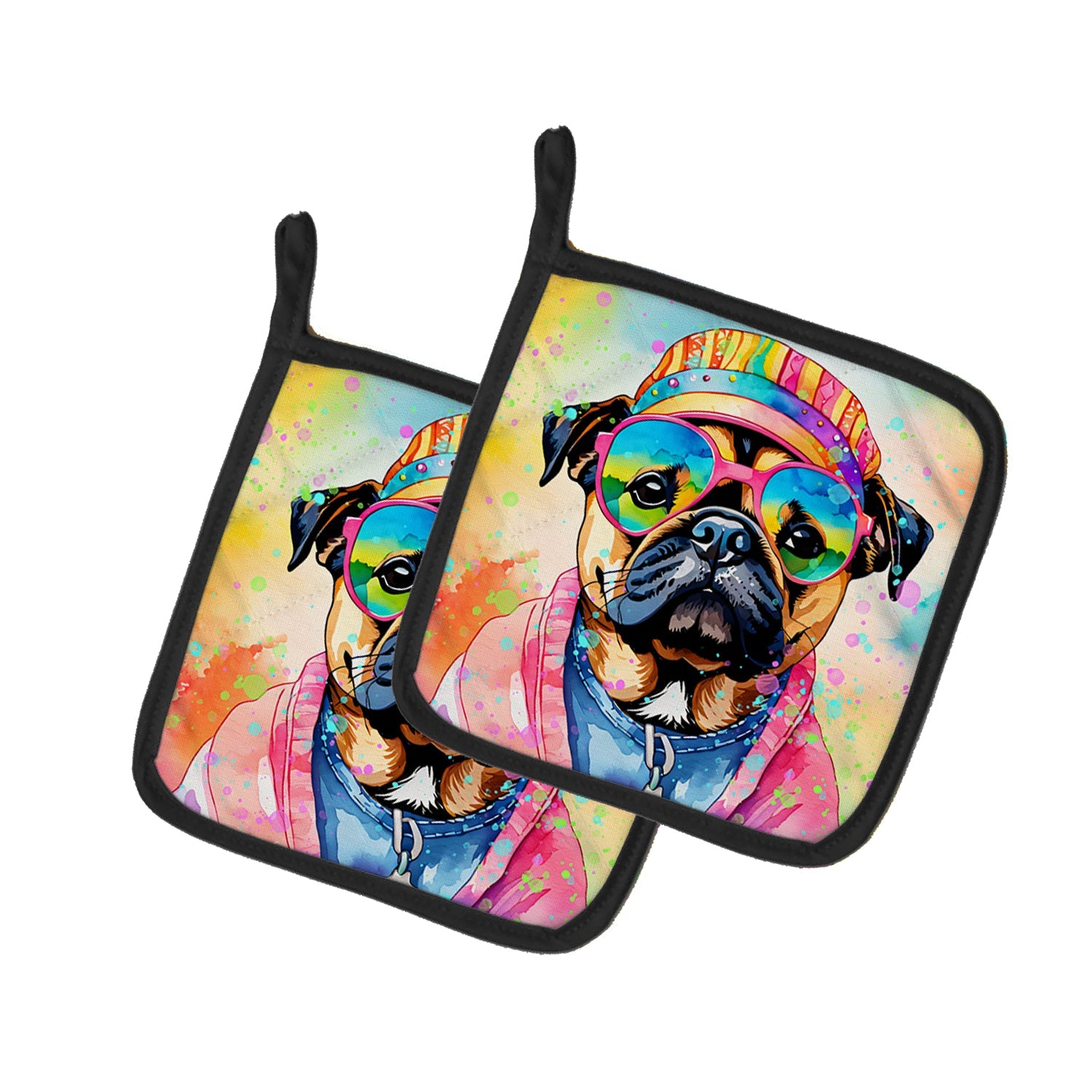 Pug Hippie Dawg Pot Holder Set of 2 Heat Resistant Quilted Hot Pads 7.5 x 7.5 Inch, Insulated Kitchen Trivets for Cooking & Baking
