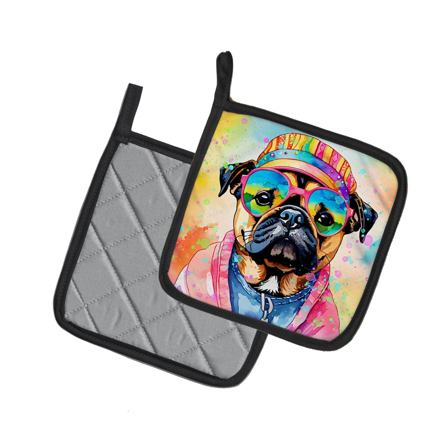 Pug Hippie Dawg Pot Holder Set of 2 Heat Resistant Quilted Hot Pads 7.5 x 7.5 Inch, Insulated Kitchen Trivets for Cooking & Baking