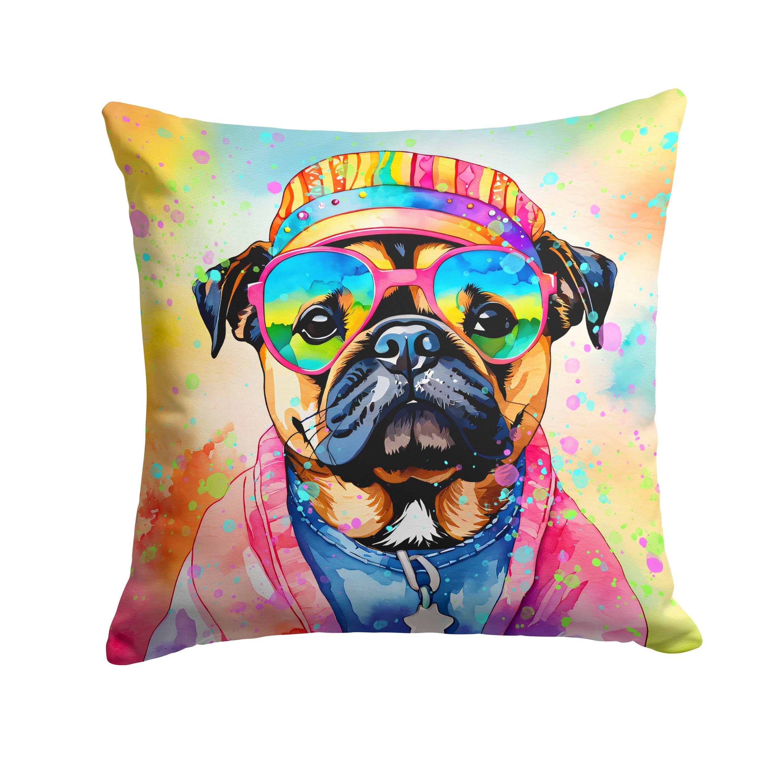 Pug Hippie Dawg Decorative Throw Pillow 14x14 Indoor Outdoor Accent Cushion, Fabric Cover with Insert for Sofa, Bed, Porch & Living Room
