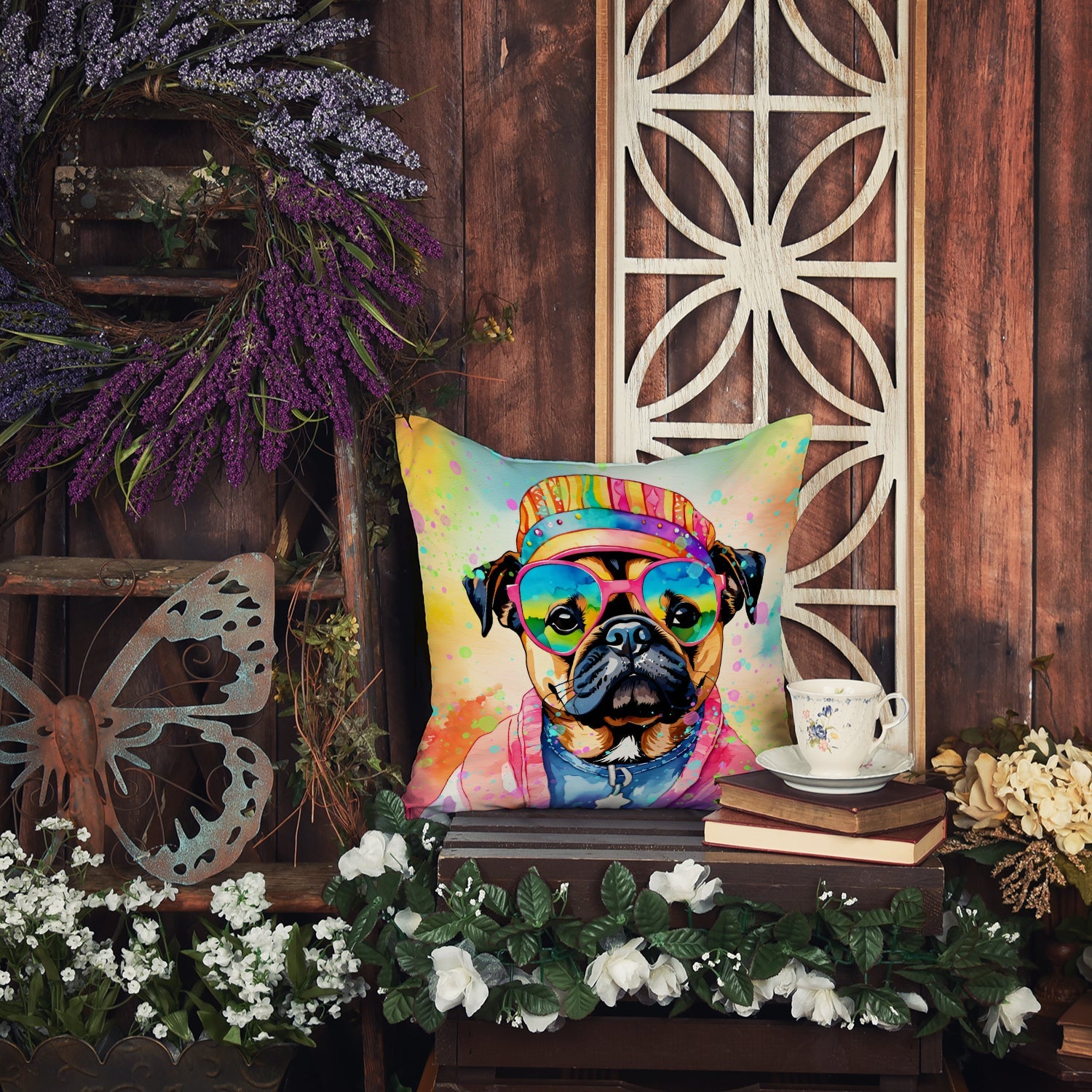 Pug Hippie Dawg Decorative Throw Pillow 14x14 Indoor Outdoor Accent Cushion, Fabric Cover with Insert for Sofa, Bed, Porch & Living Room