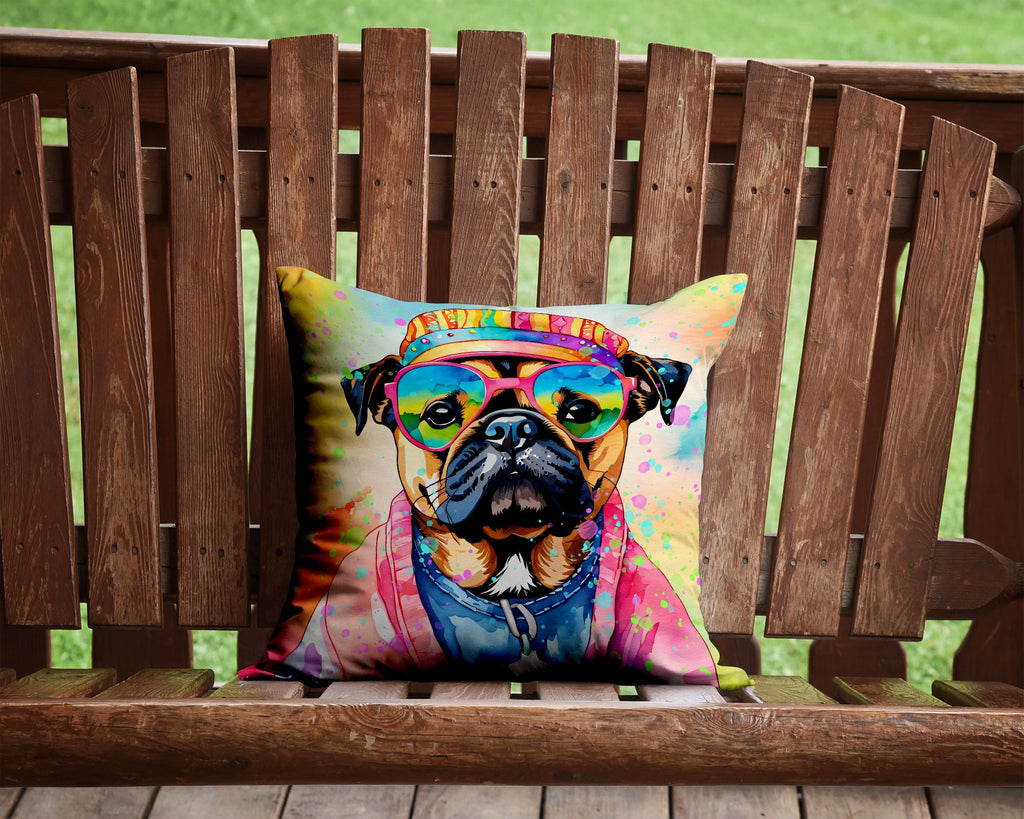 Pug Hippie Dawg Decorative Throw Pillow 14x14 Indoor Outdoor Accent Cushion, Fabric Cover with Insert for Sofa, Bed, Porch & Living Room