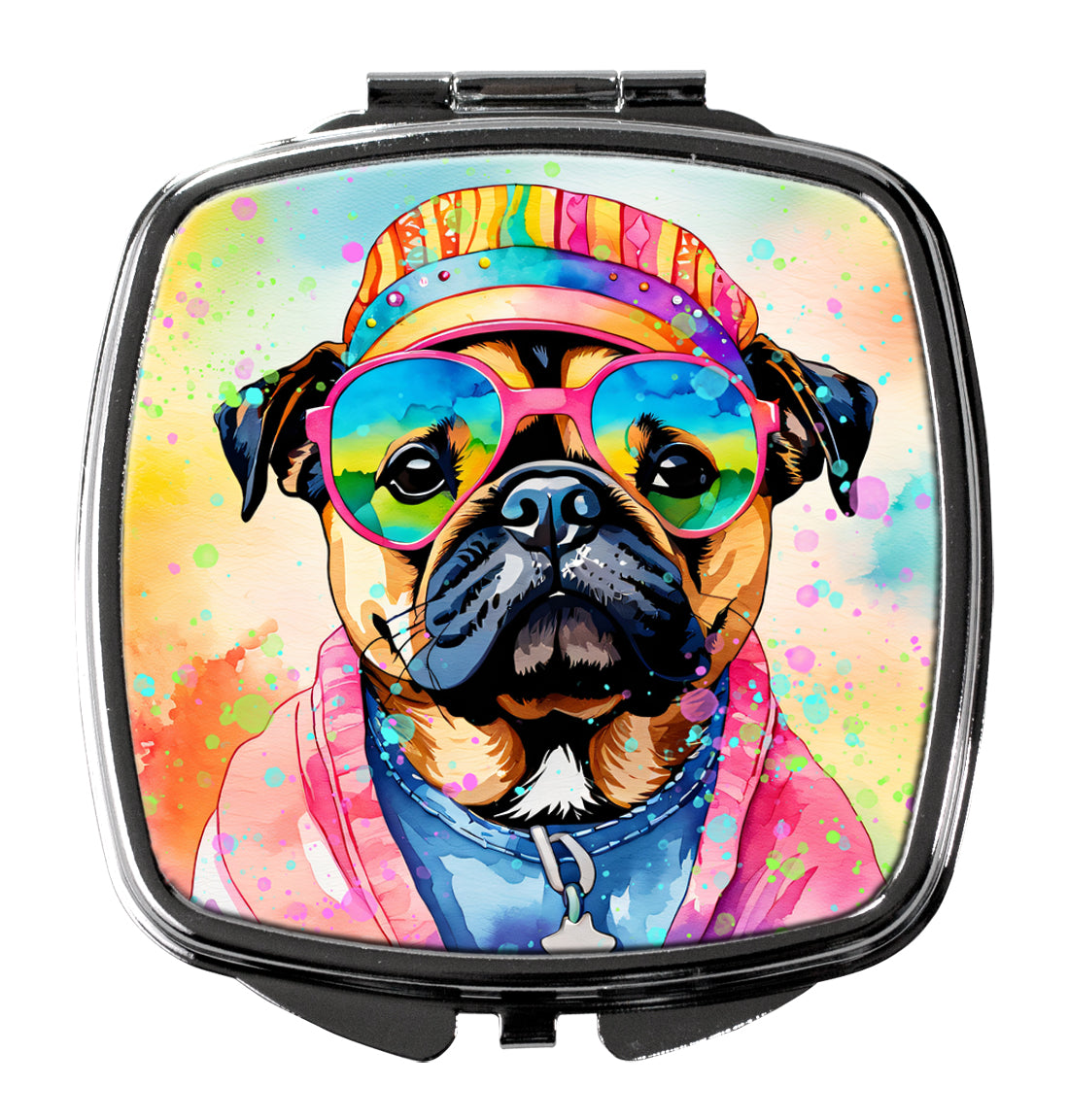 Pug Hippie Dawg Compact Mirror Decorative Travel Makeup Mirror for Women Girls Gifts Pocket Makeup Mirror Folding Handheld