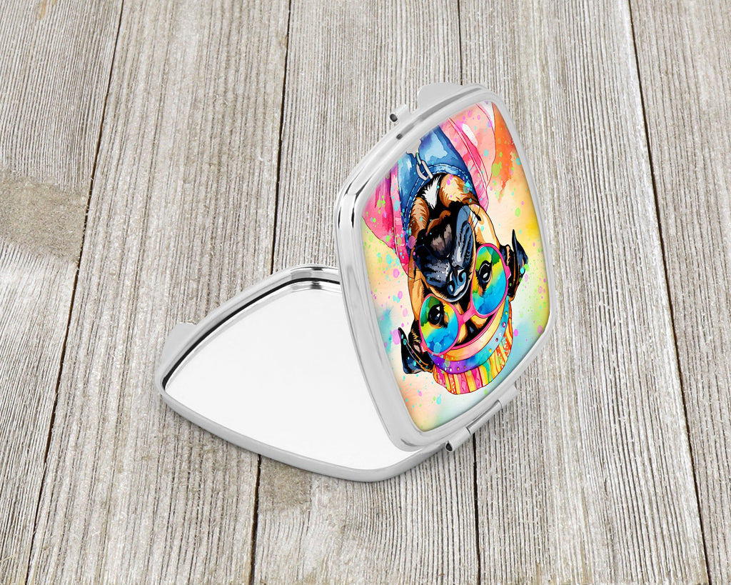 Pug Hippie Dawg Compact Mirror Decorative Travel Makeup Mirror for Women Girls Gifts Pocket Makeup Mirror Folding Handheld