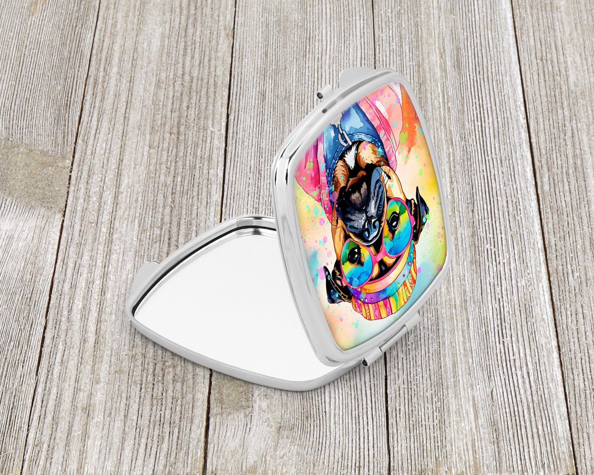 Pug Hippie Dawg Compact Mirror Decorative Travel Makeup Mirror for Women Girls Gifts Pocket Makeup Mirror Folding Handheld