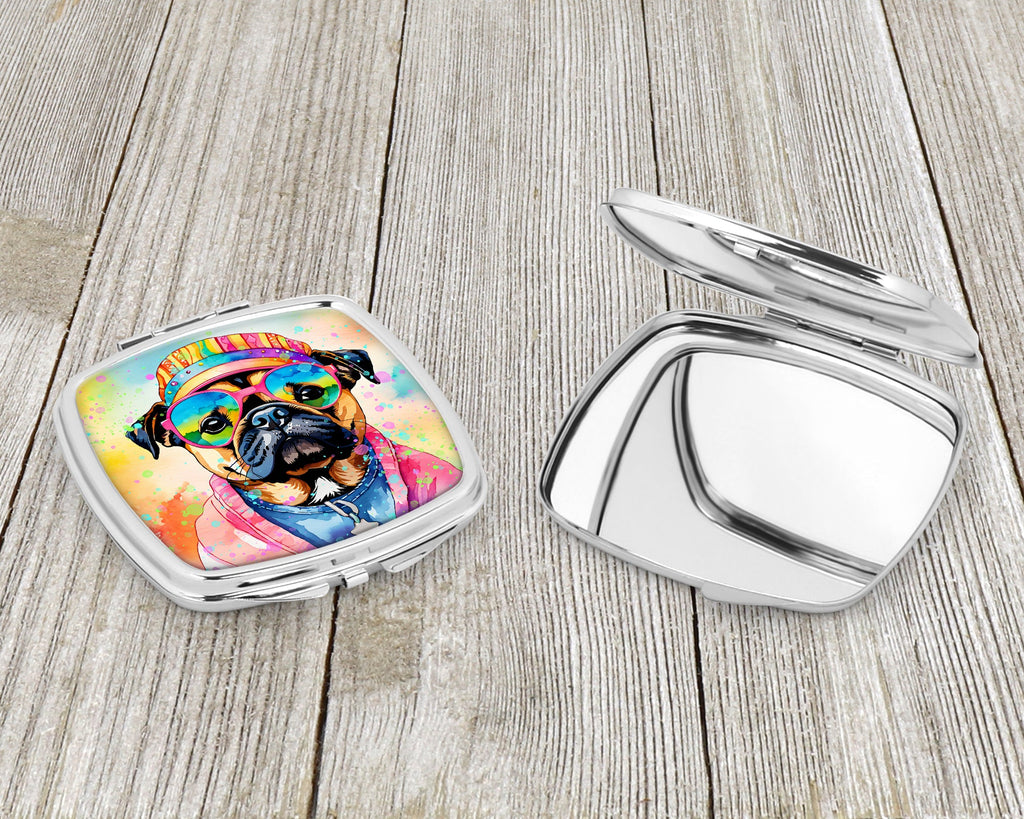 Pug Hippie Dawg Compact Mirror Decorative Travel Makeup Mirror for Women Girls Gifts Pocket Makeup Mirror Folding Handheld