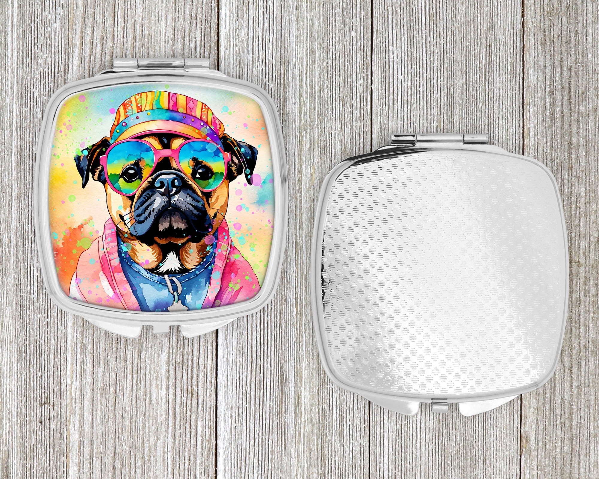Pug Hippie Dawg Compact Mirror Decorative Travel Makeup Mirror for Women Girls Gifts Pocket Makeup Mirror Folding Handheld