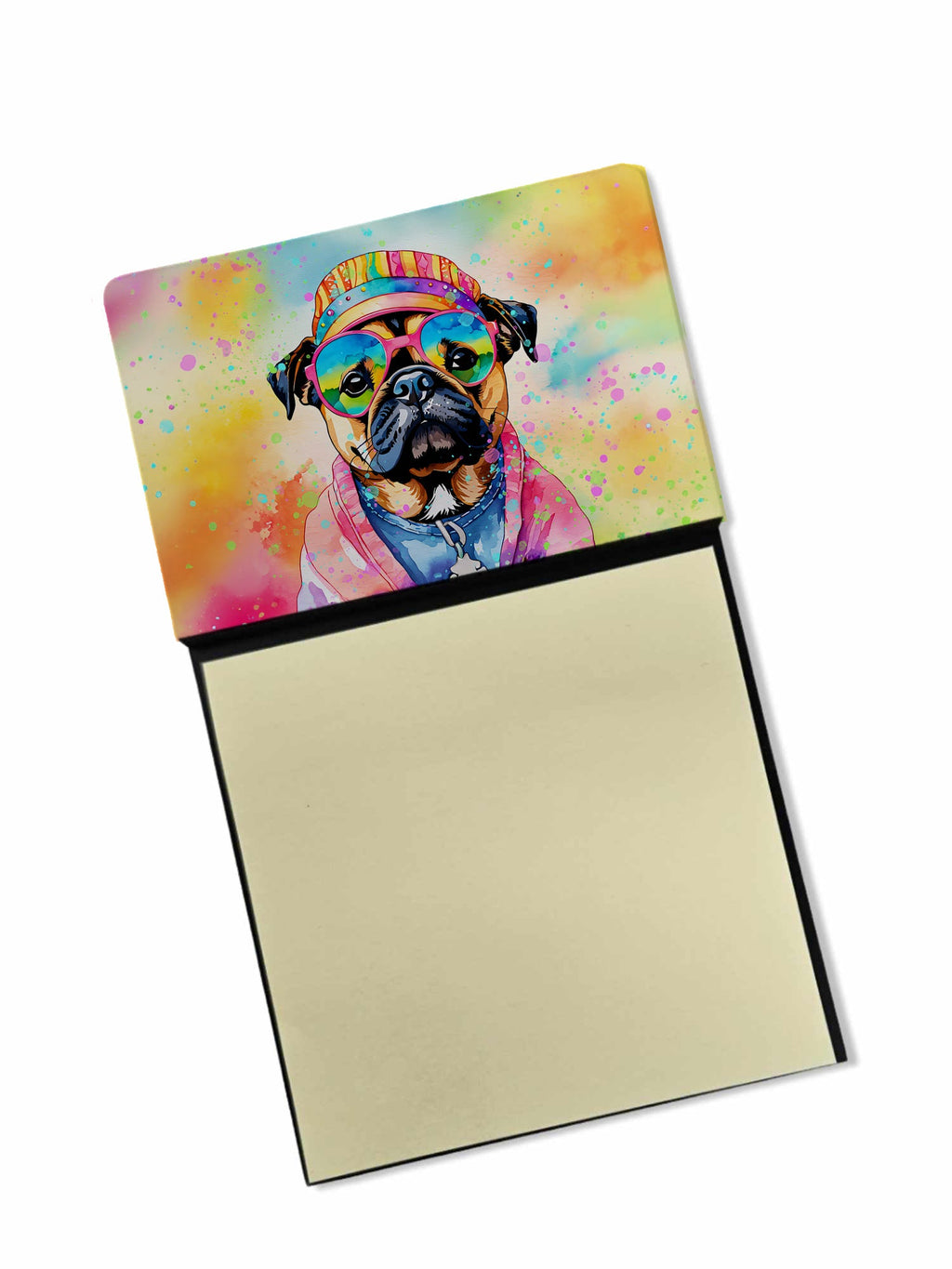Pug Hippie Dawg Watercolor Sticky Note Holder Refillable Dispenser Desk Accessory 3x3 Pad Gift