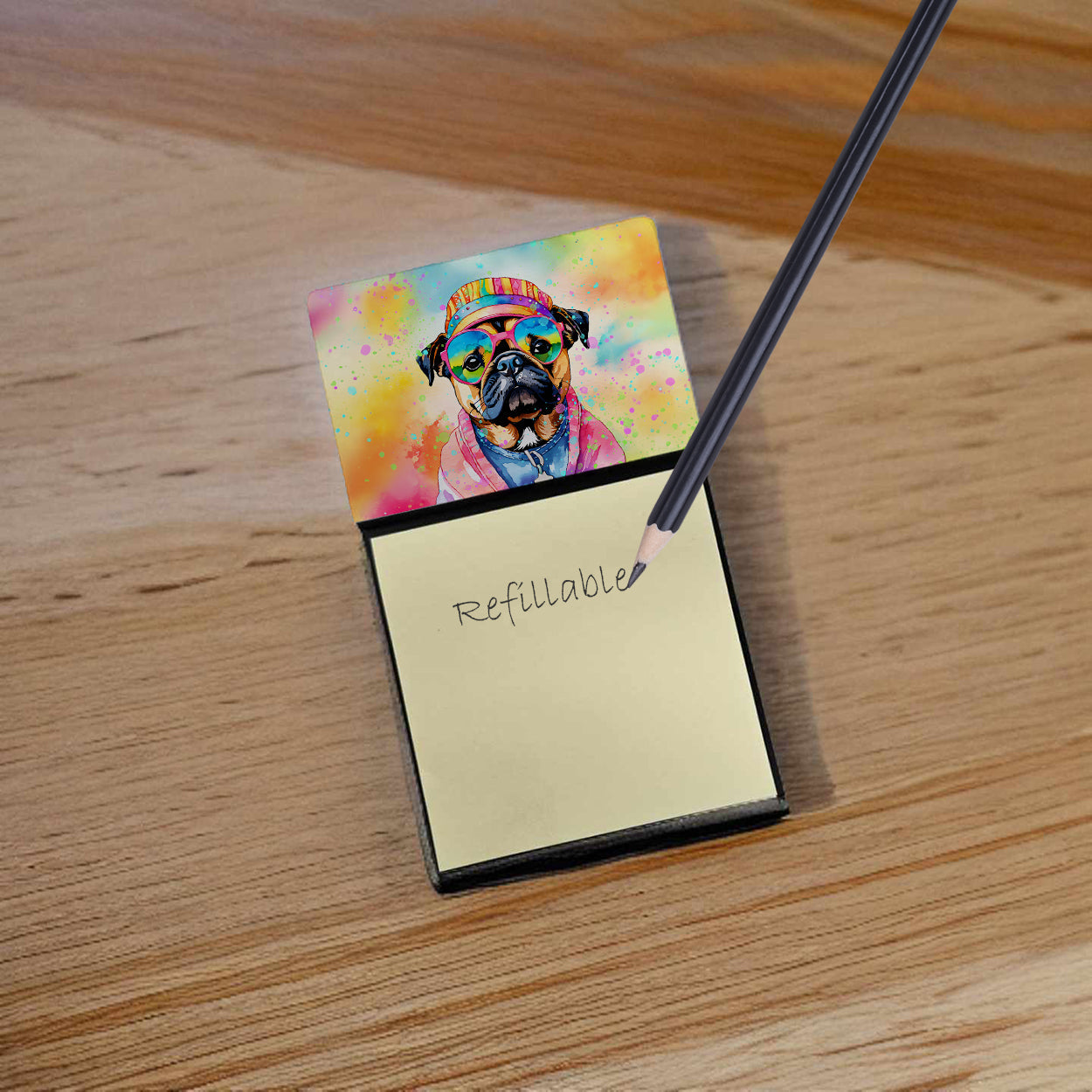 Pug Hippie Dawg Watercolor Sticky Note Holder Refillable Dispenser Desk Accessory 3x3 Pad Gift