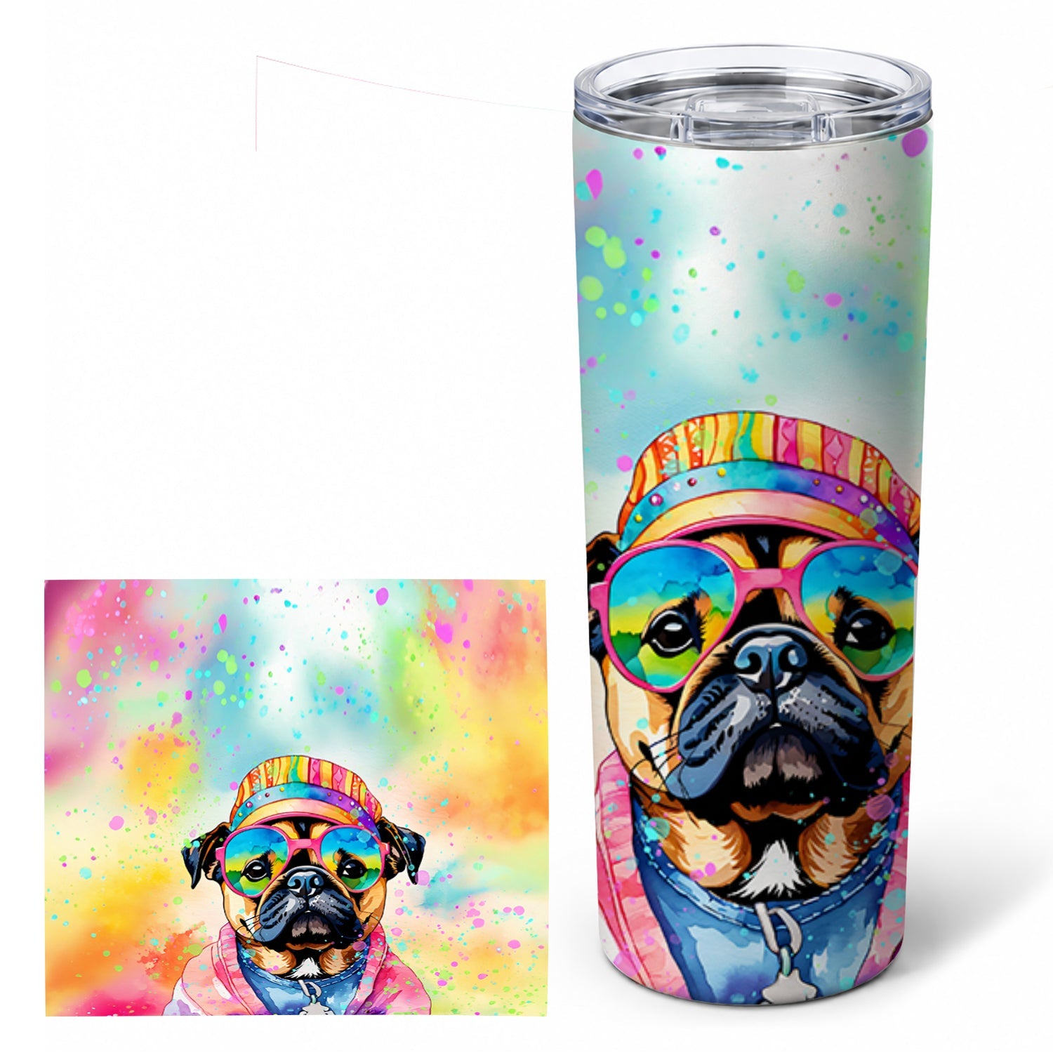 Pug Hippie Dawg Stainless Steel Skinny Tumbler 20 oz Vacuum Double Walled Reusable Insulated Travel Cup