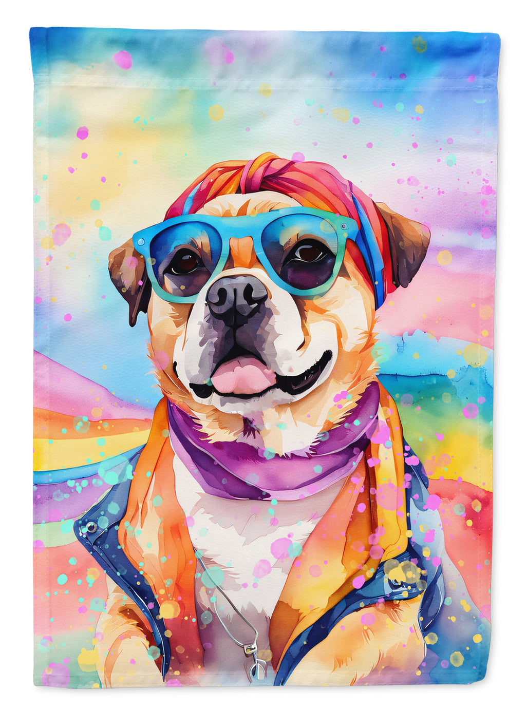 Pug Hippie Dawg House Flag 28x40 Porch Sleeve Pole Decorative Outside Yard Banner Artwork Wall Hanging, Polyester