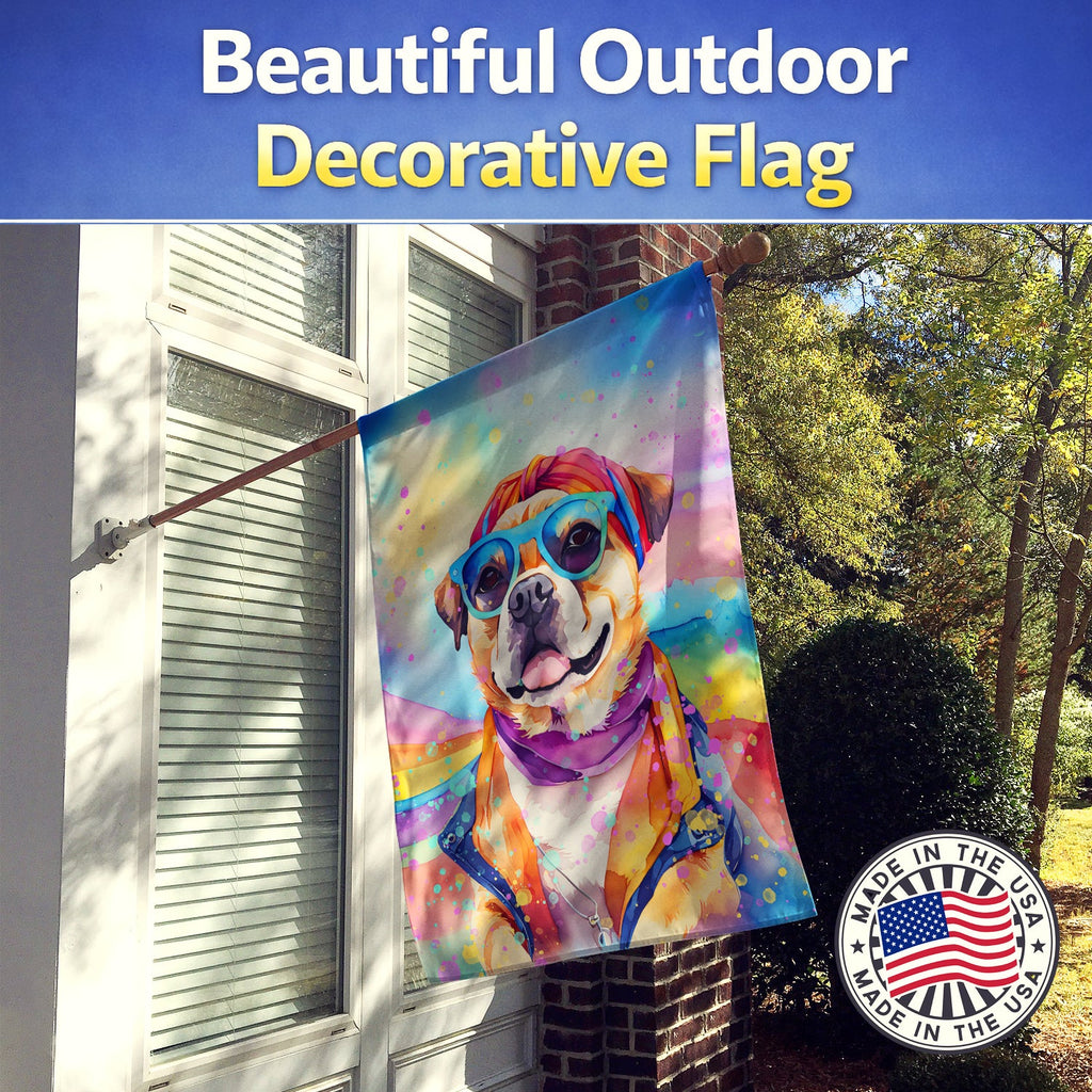 Pug Hippie Dawg House Flag 28x40 Porch Sleeve Pole Decorative Outside Yard Banner Artwork Wall Hanging, Polyester