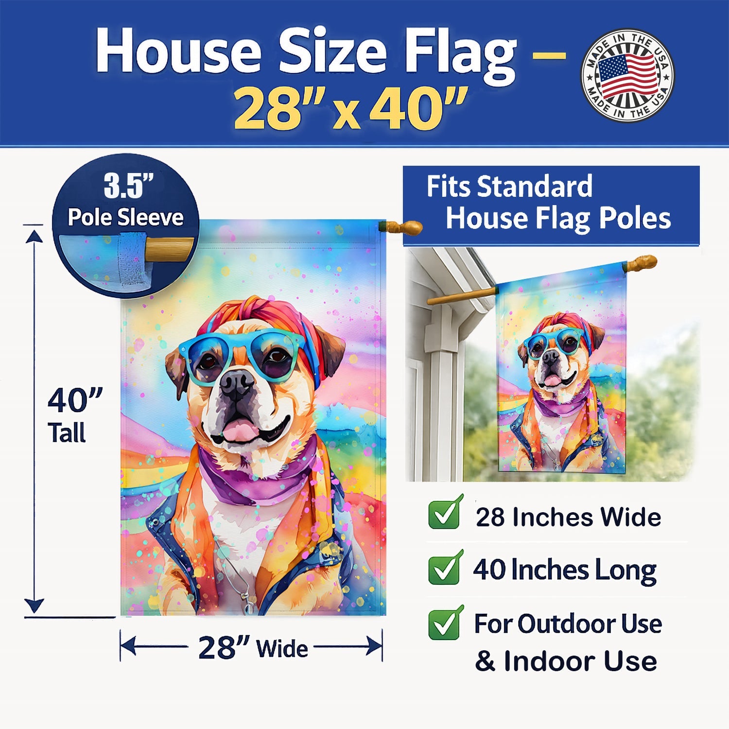 Pug Hippie Dawg House Flag 28x40 Porch Sleeve Pole Decorative Outside Yard Banner Artwork Wall Hanging, Polyester