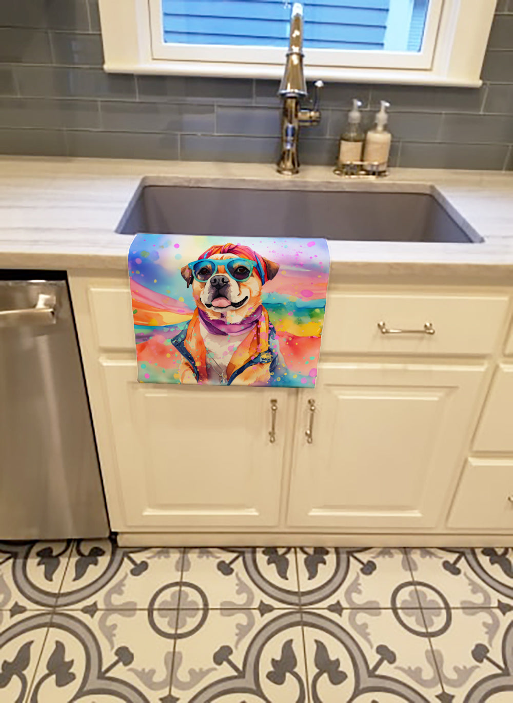 Pug Hippie Dawg Kitchen Towel Velour Plush Front and Cotton Loop Back Machine Washable