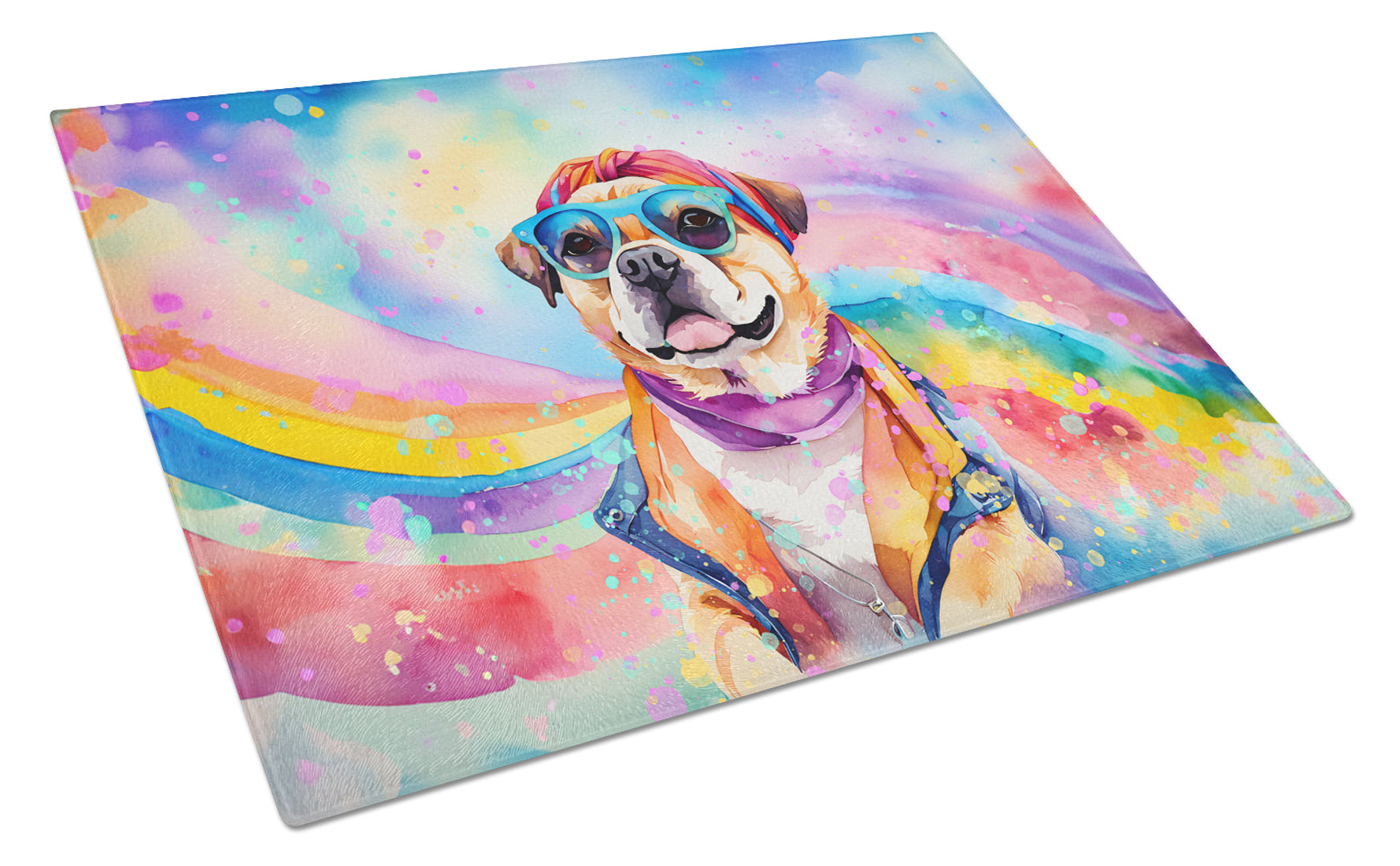 Pug Hippie Dawg Cutting Board Tempered Glass Kitchen Cutting Surface, Heat Resistant Chopping, Non-Slip Feet, Food Prep & Serving