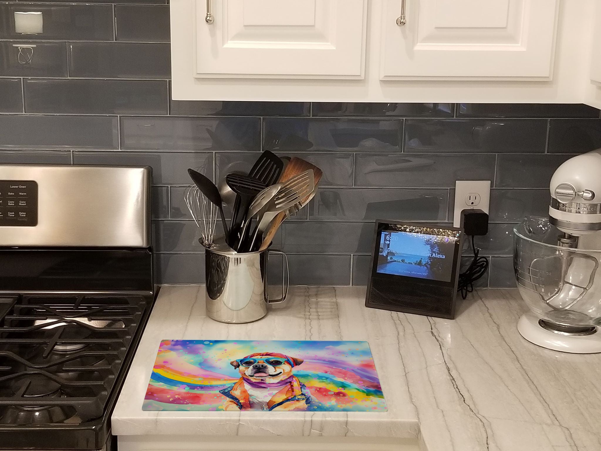 Pug Hippie Dawg Cutting Board Tempered Glass Kitchen Cutting Surface, Heat Resistant Chopping, Non-Slip Feet, Food Prep & Serving
