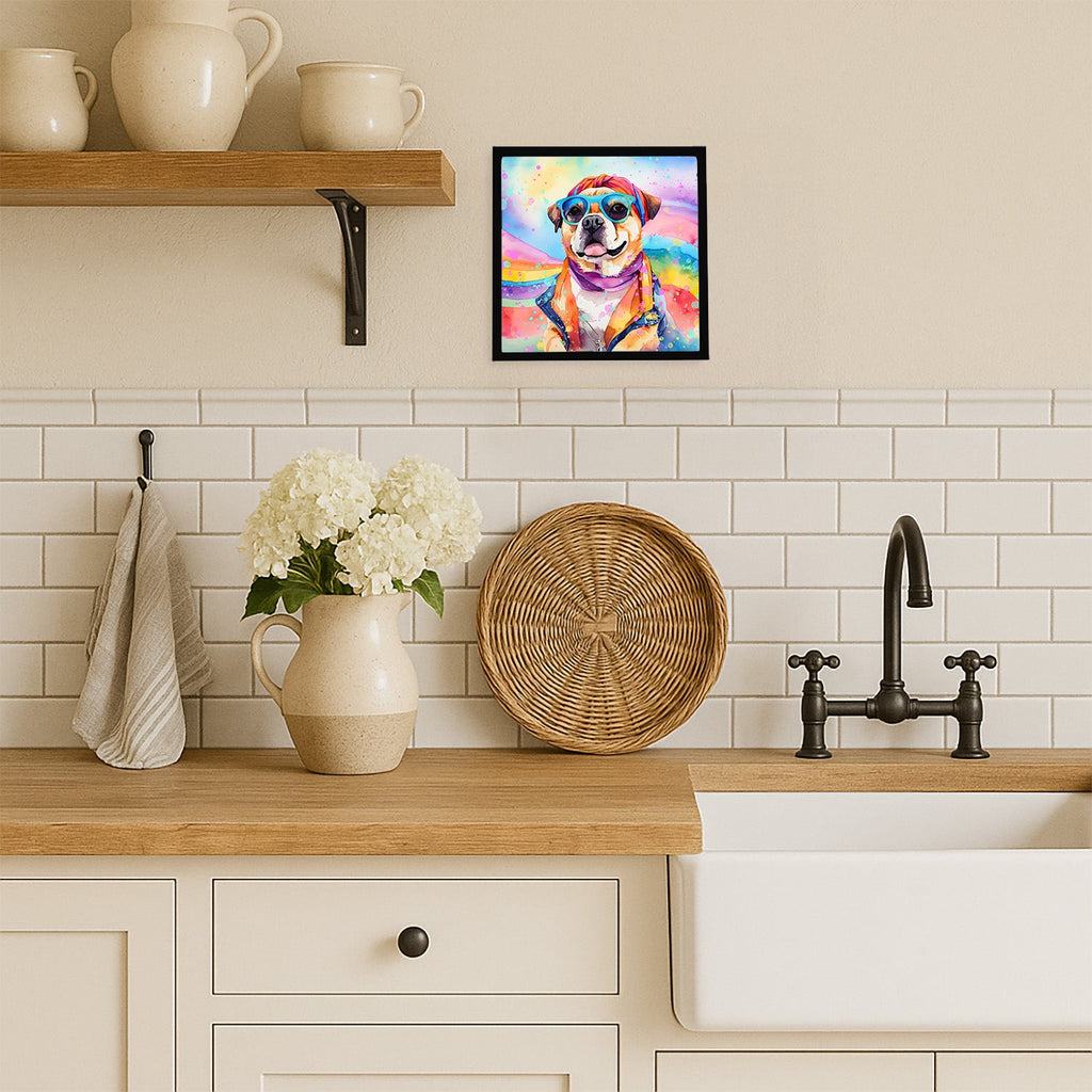 Pug Hippie Dawg Framed Metal Print Bathroom, Kitchen, Office, Home Decor Wall Art Ready to Hang, Square, 8X8