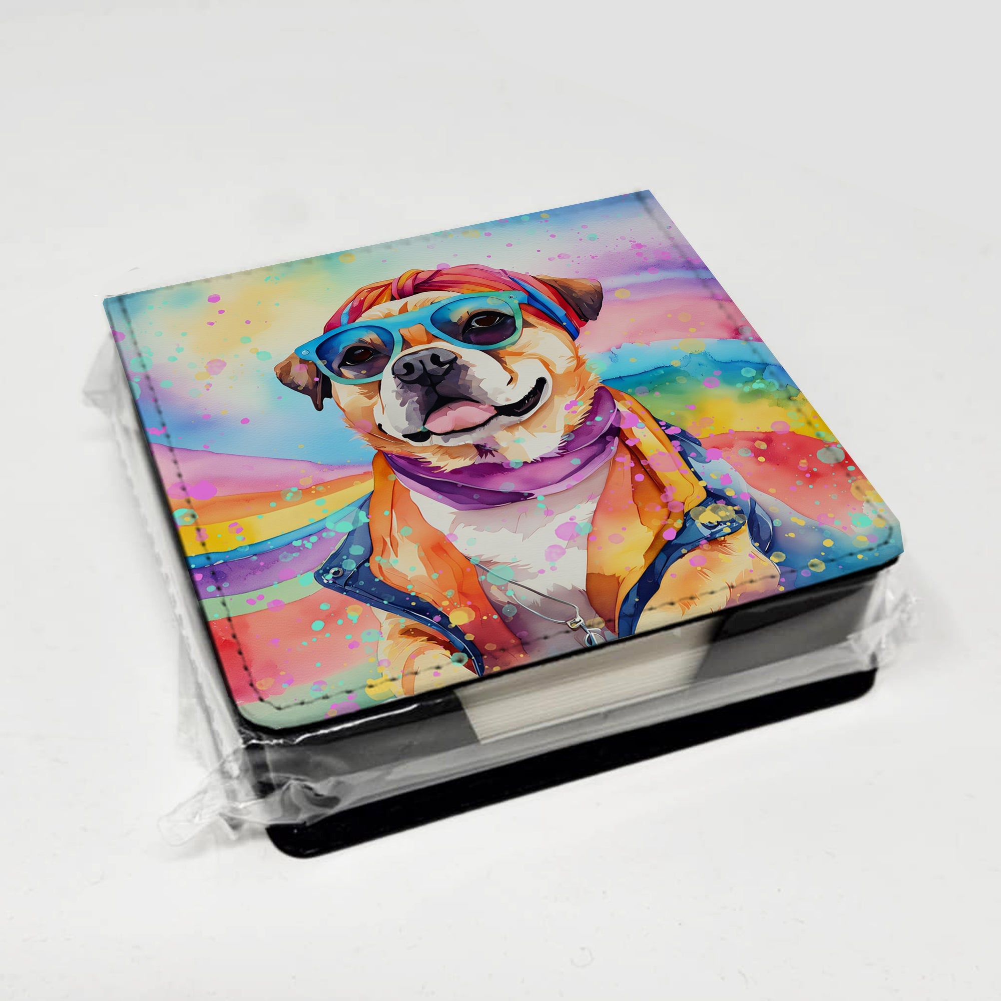 Pug Hippie Dawg PU Leather Note Paper Holder with Artist-Designed Cover, Desk Accessory, Office Gift