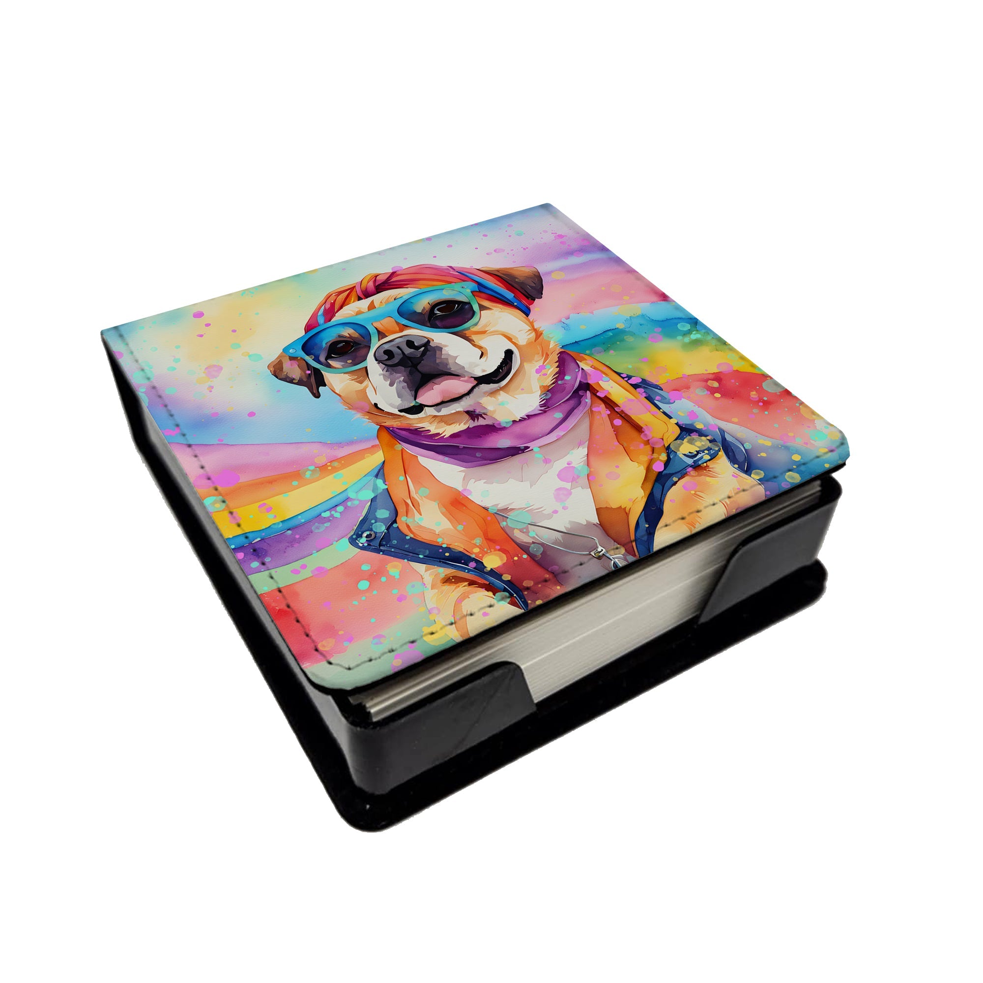 Pug Hippie Dawg PU Leather Note Paper Holder with Artist-Designed Cover, Desk Accessory, Office Gift