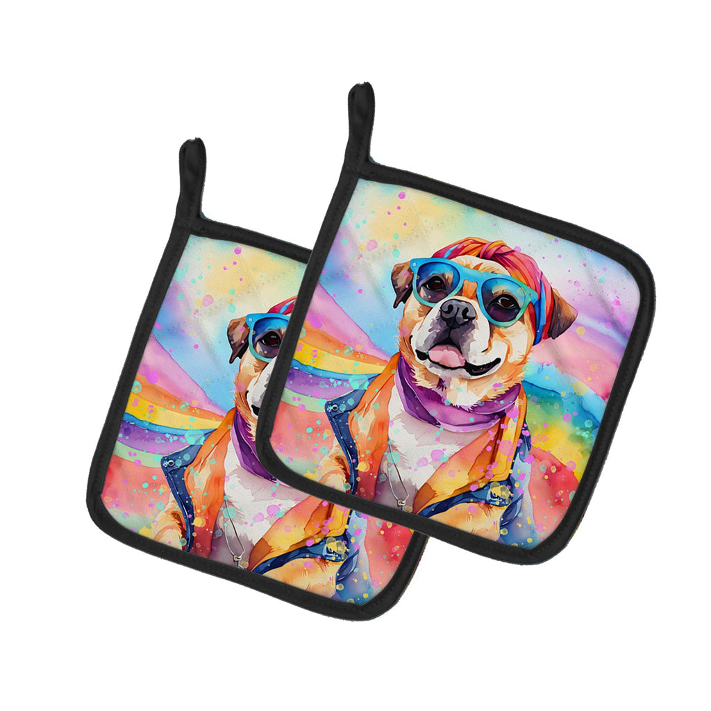 Pug Hippie Dawg Pot Holder Set of 2 Heat Resistant Quilted Hot Pads 7.5 x 7.5 Inch, Insulated Kitchen Trivets for Cooking & Baking