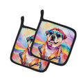 Pug Hippie Dawg Pot Holder Set of 2 Heat Resistant Quilted Hot Pads 7.5 x 7.5 Inch, Insulated Kitchen Trivets for Cooking & Baking
