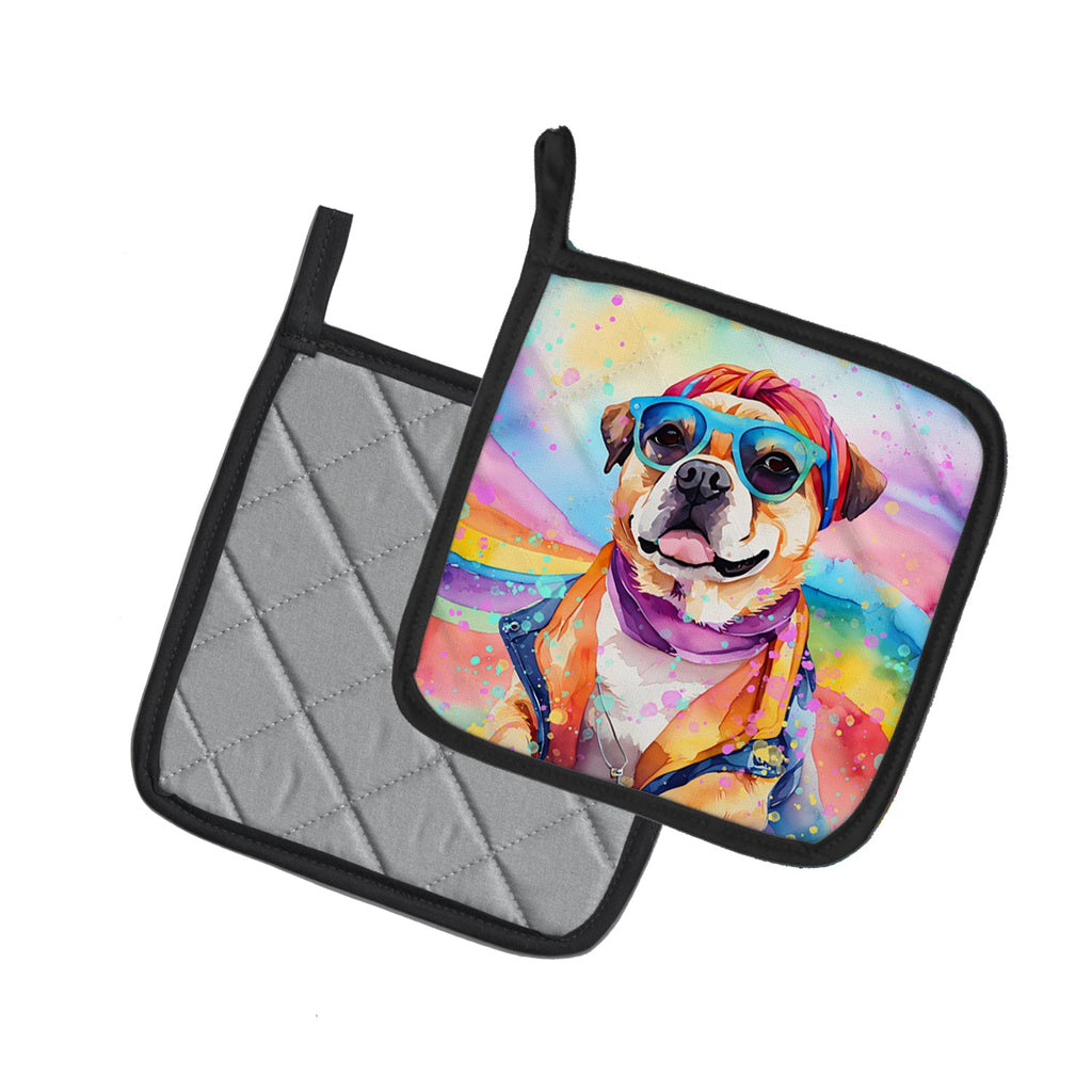 Pug Hippie Dawg Pot Holder Set of 2 Heat Resistant Quilted Hot Pads 7.5 x 7.5 Inch, Insulated Kitchen Trivets for Cooking & Baking