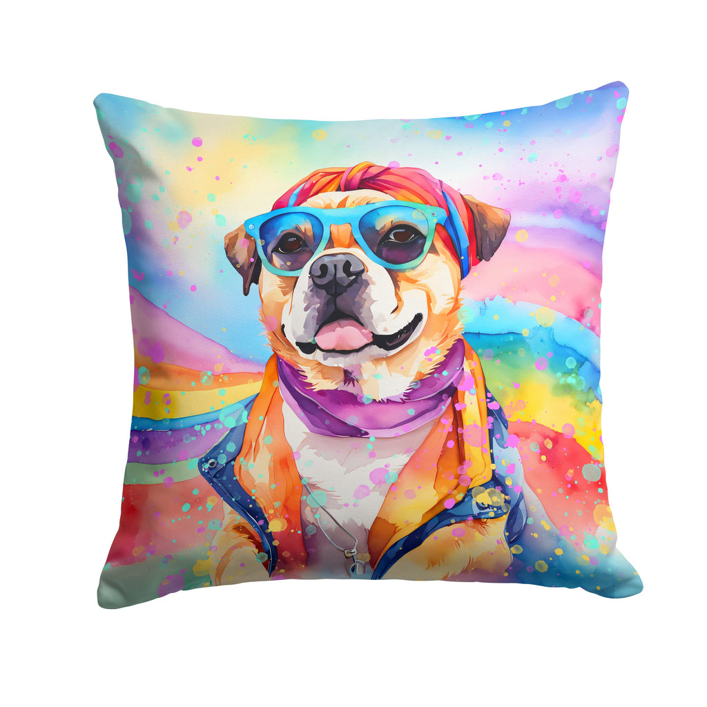 Pug Hippie Dawg Decorative Throw Pillow 14x14 Indoor Outdoor Accent Cushion, Fabric Cover with Insert for Sofa, Bed, Porch & Living Room