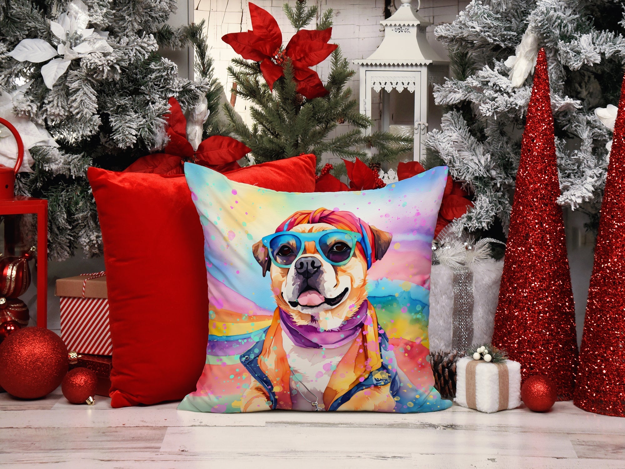 Pug Hippie Dawg Decorative Throw Pillow 14x14 Indoor Outdoor Accent Cushion, Fabric Cover with Insert for Sofa, Bed, Porch & Living Room