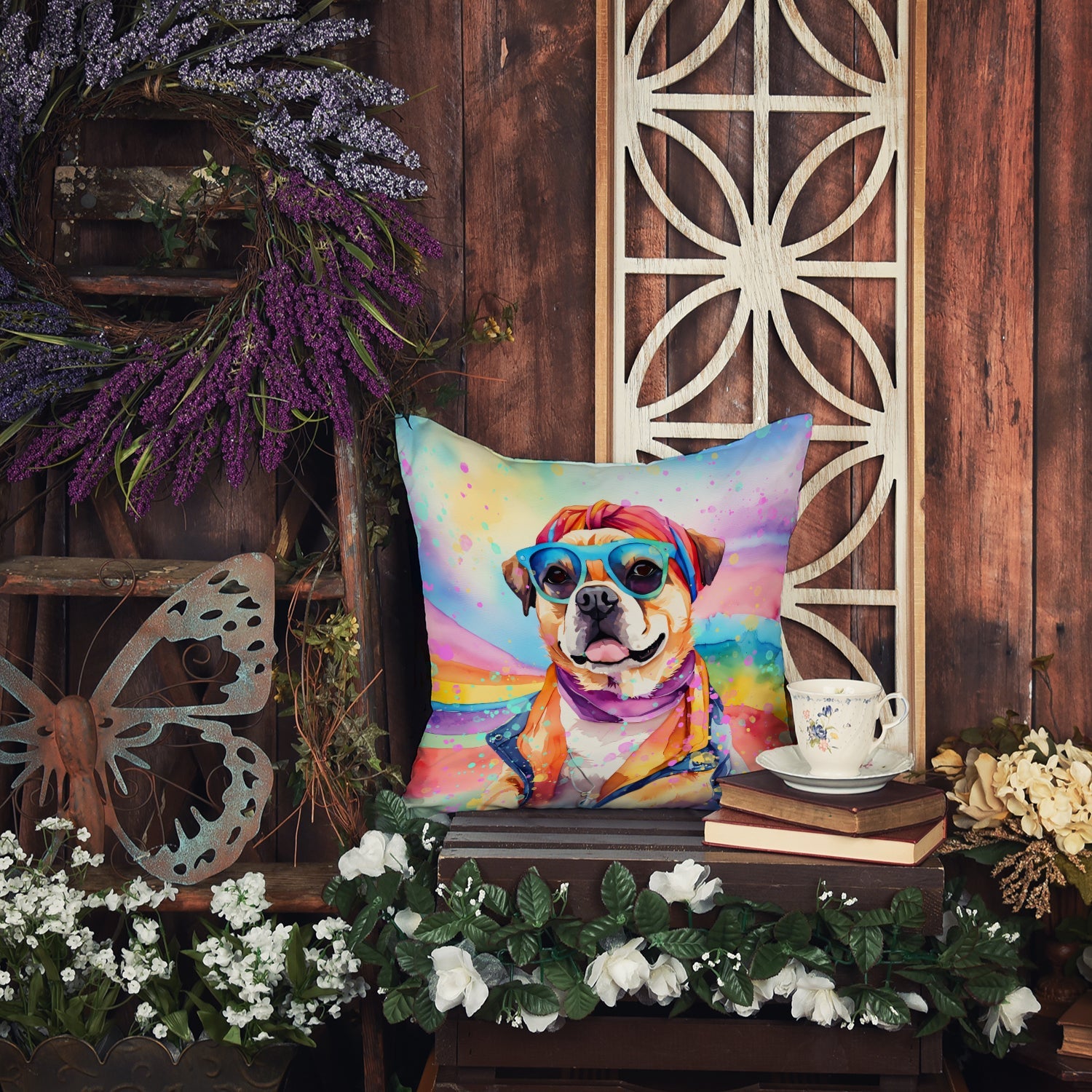 Pug Hippie Dawg Decorative Throw Pillow 14x14 Indoor Outdoor Accent Cushion, Fabric Cover with Insert for Sofa, Bed, Porch & Living Room