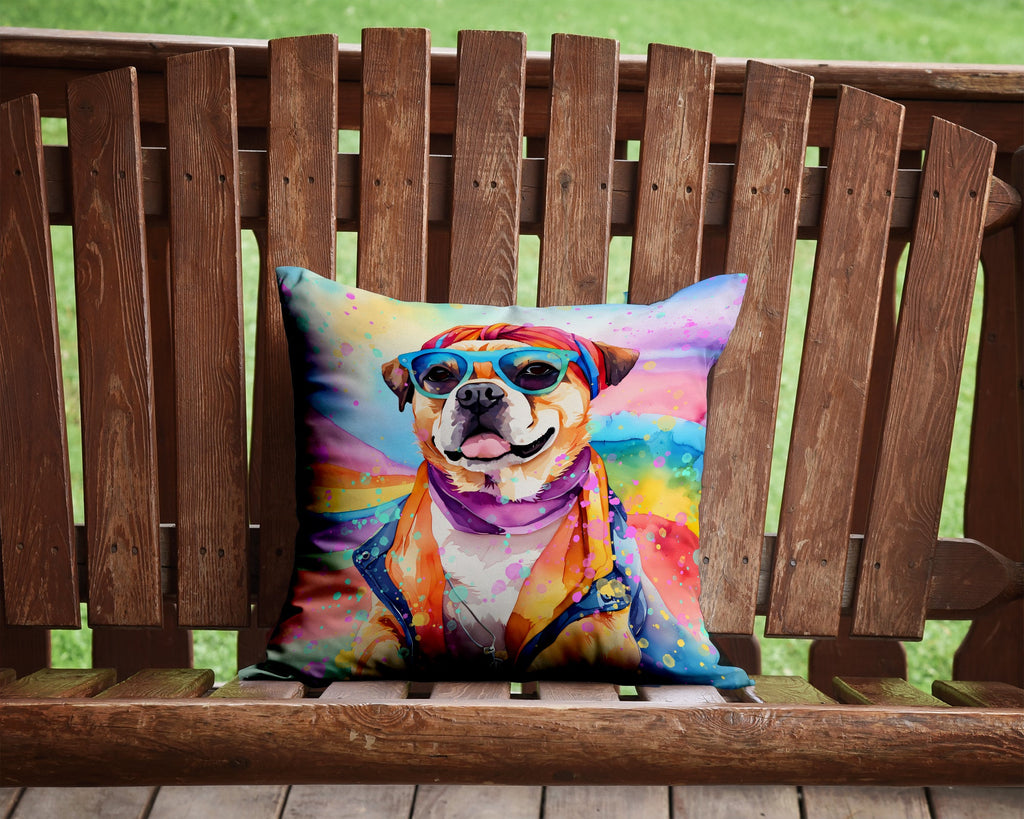 Pug Hippie Dawg Decorative Throw Pillow 14x14 Indoor Outdoor Accent Cushion, Fabric Cover with Insert for Sofa, Bed, Porch & Living Room