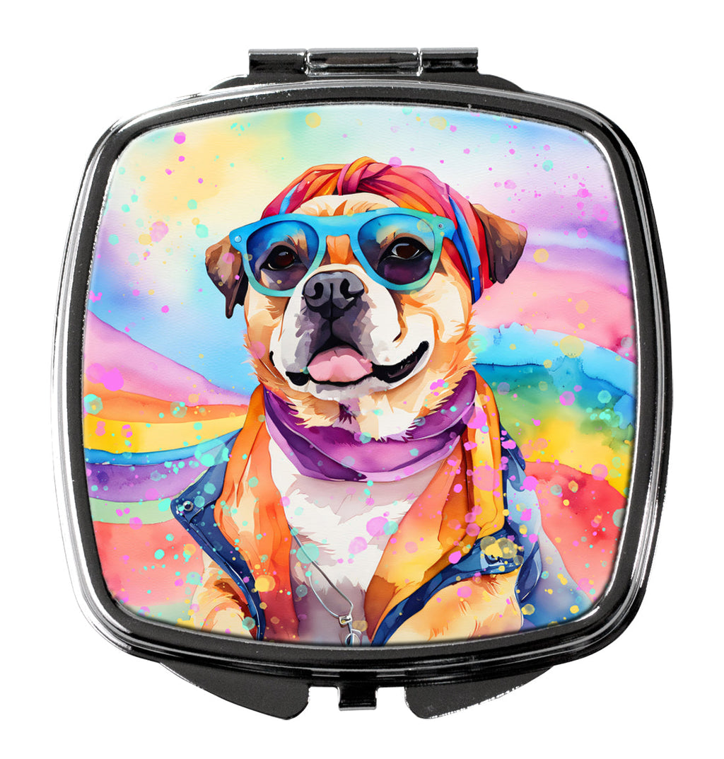 Pug Hippie Dawg Compact Mirror Decorative Travel Makeup Mirror for Women Girls Gifts Pocket Makeup Mirror Folding Handheld
