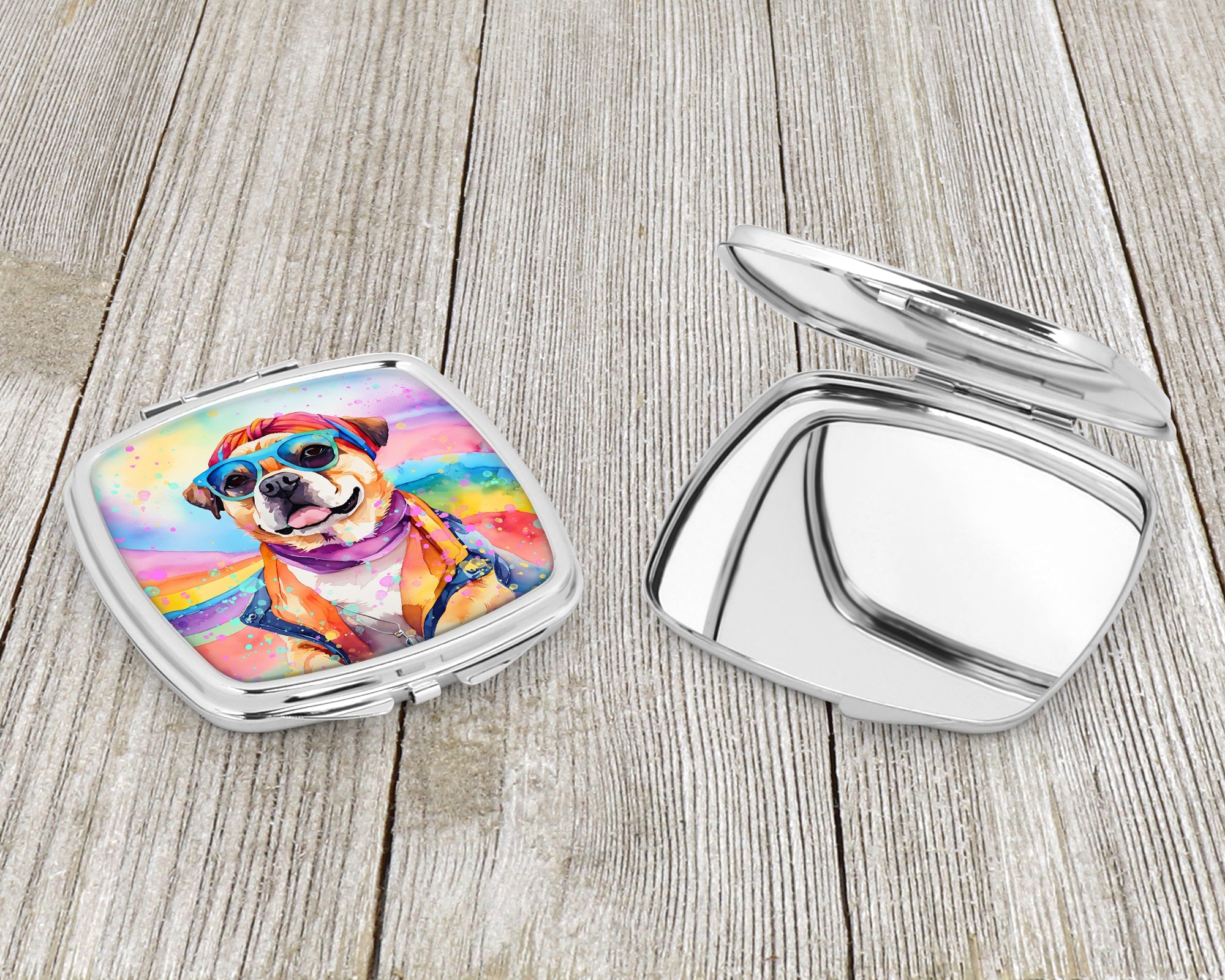 Pug Hippie Dawg Compact Mirror Decorative Travel Makeup Mirror for Women Girls Gifts Pocket Makeup Mirror Folding Handheld