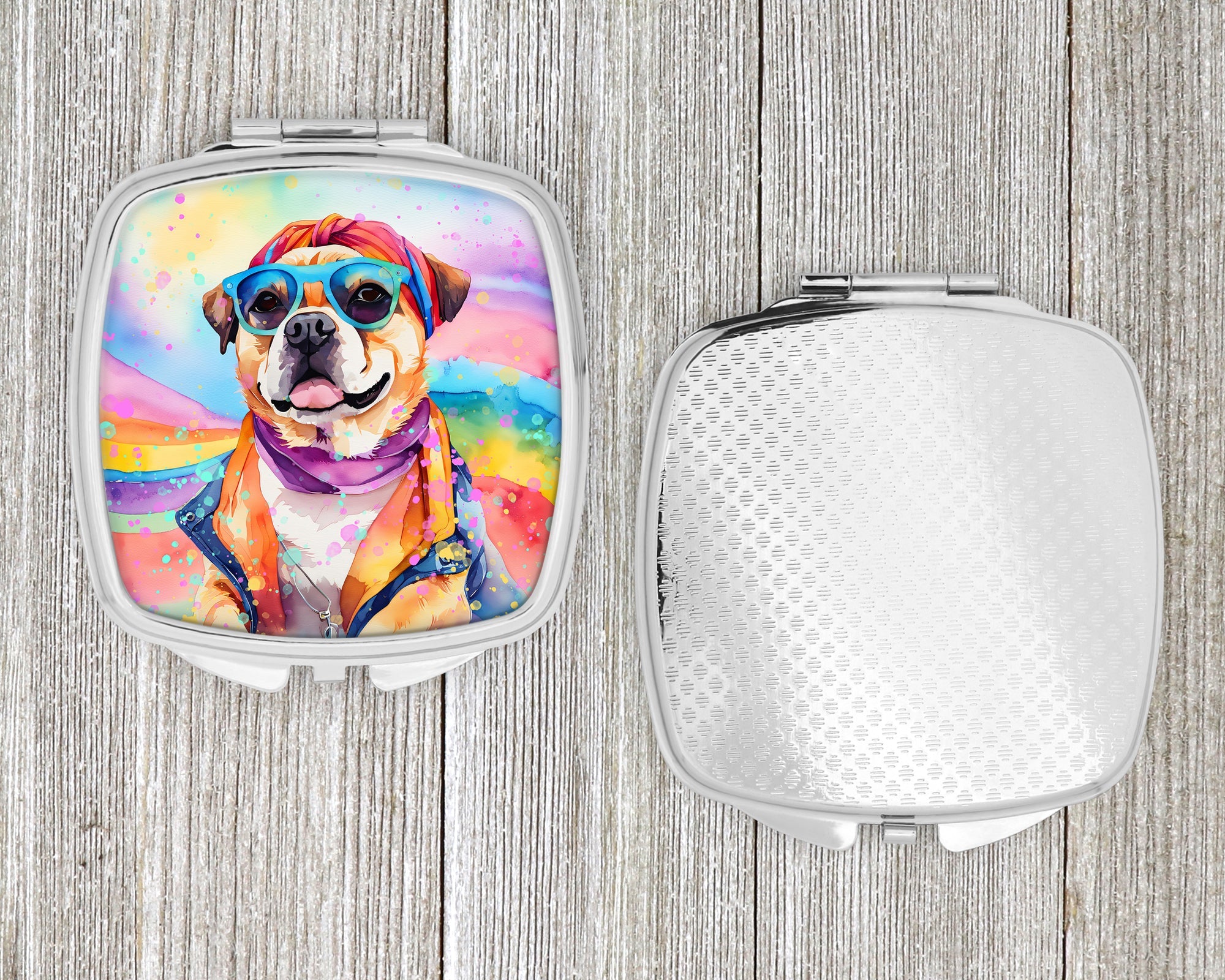 Pug Hippie Dawg Compact Mirror Decorative Travel Makeup Mirror for Women Girls Gifts Pocket Makeup Mirror Folding Handheld