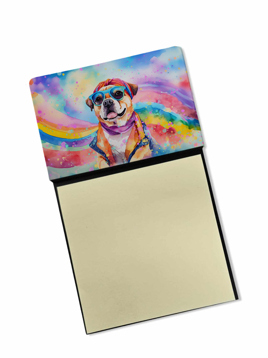 Pug Hippie Dawg Watercolor Sticky Note Holder Refillable Dispenser Desk Accessory 3x3 Pad Gift