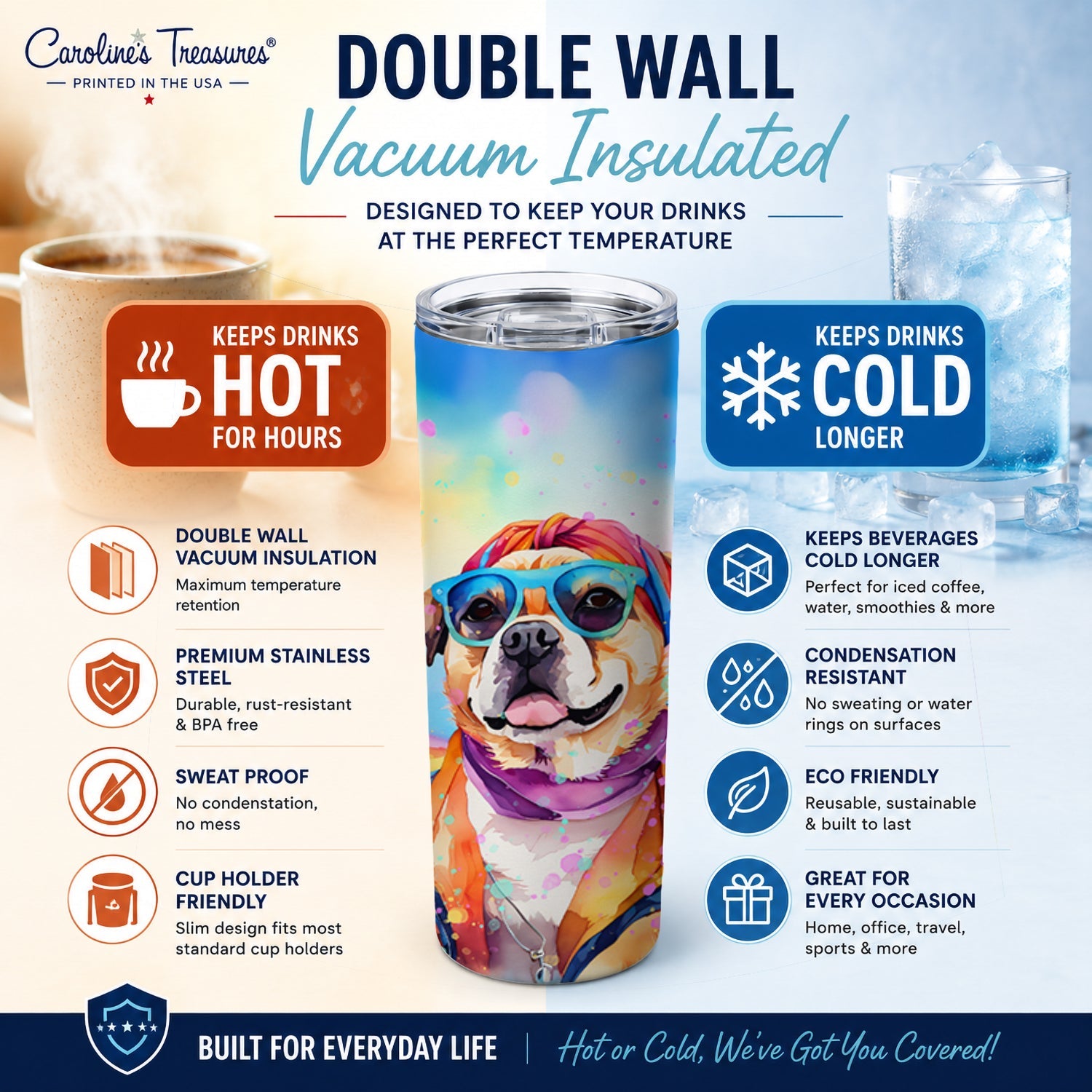 Pug Hippie Dawg Stainless Steel Skinny Tumbler 20 oz Vacuum Double Walled Reusable Insulated Travel Cup