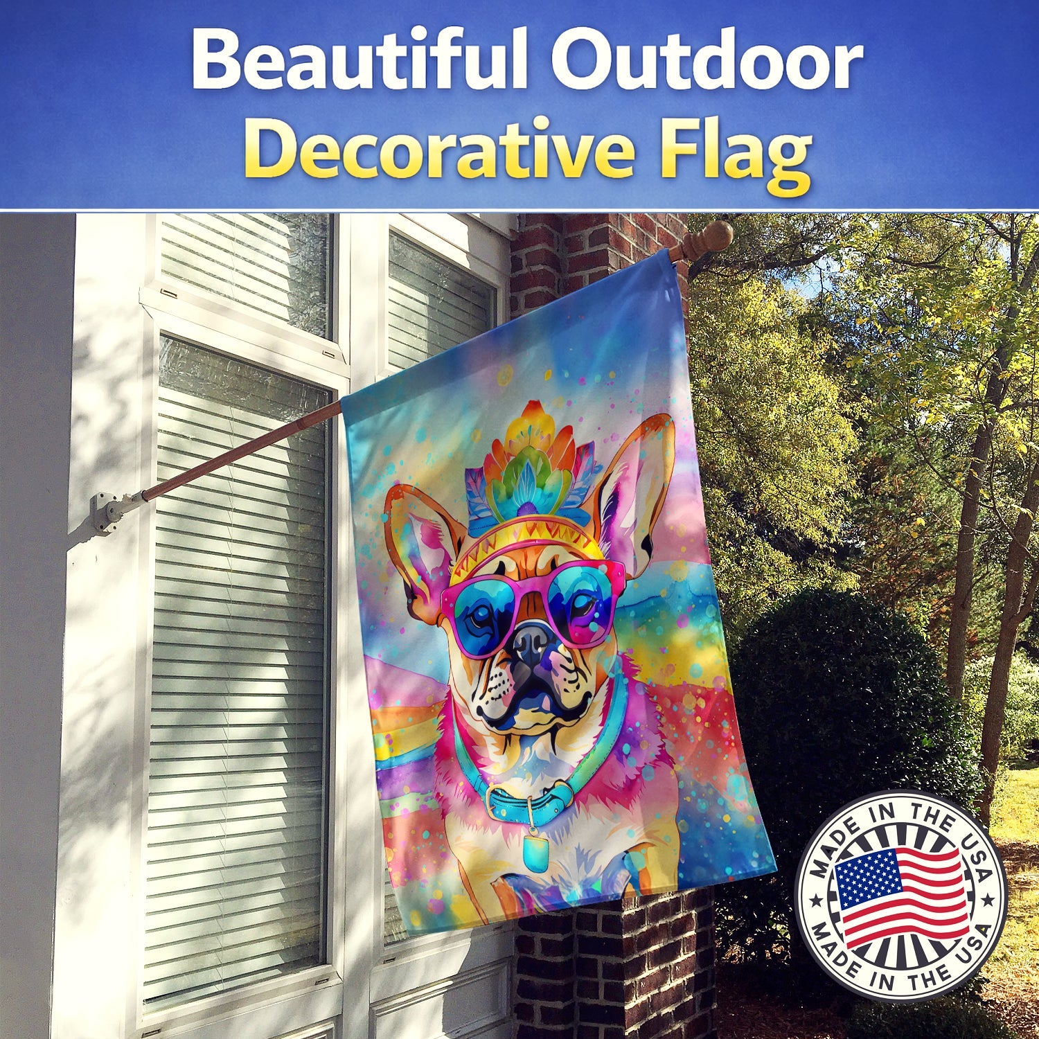 Pug Hippie Dawg House Flag 28x40 Porch Sleeve Pole Decorative Outside Yard Banner Artwork Wall Hanging, Polyester