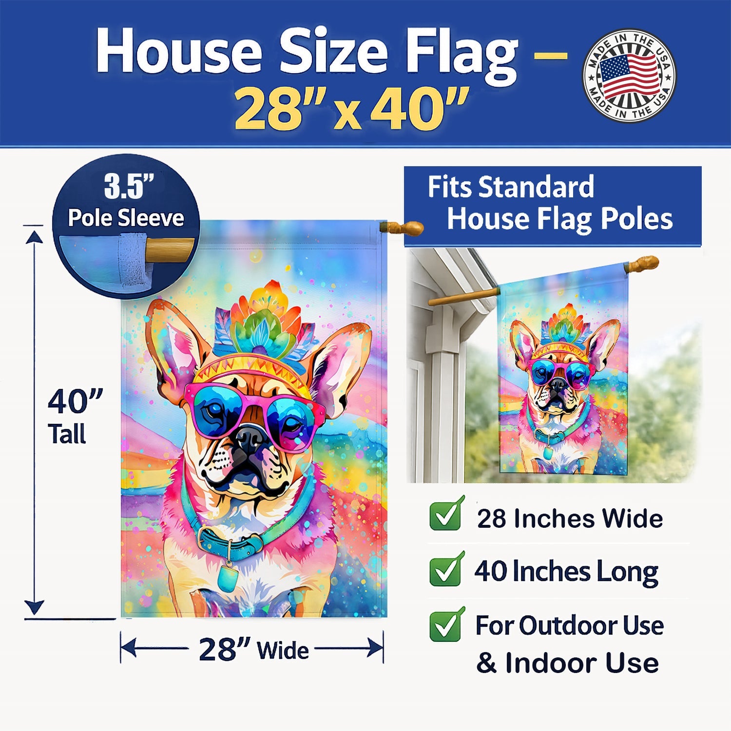Pug Hippie Dawg House Flag 28x40 Porch Sleeve Pole Decorative Outside Yard Banner Artwork Wall Hanging, Polyester