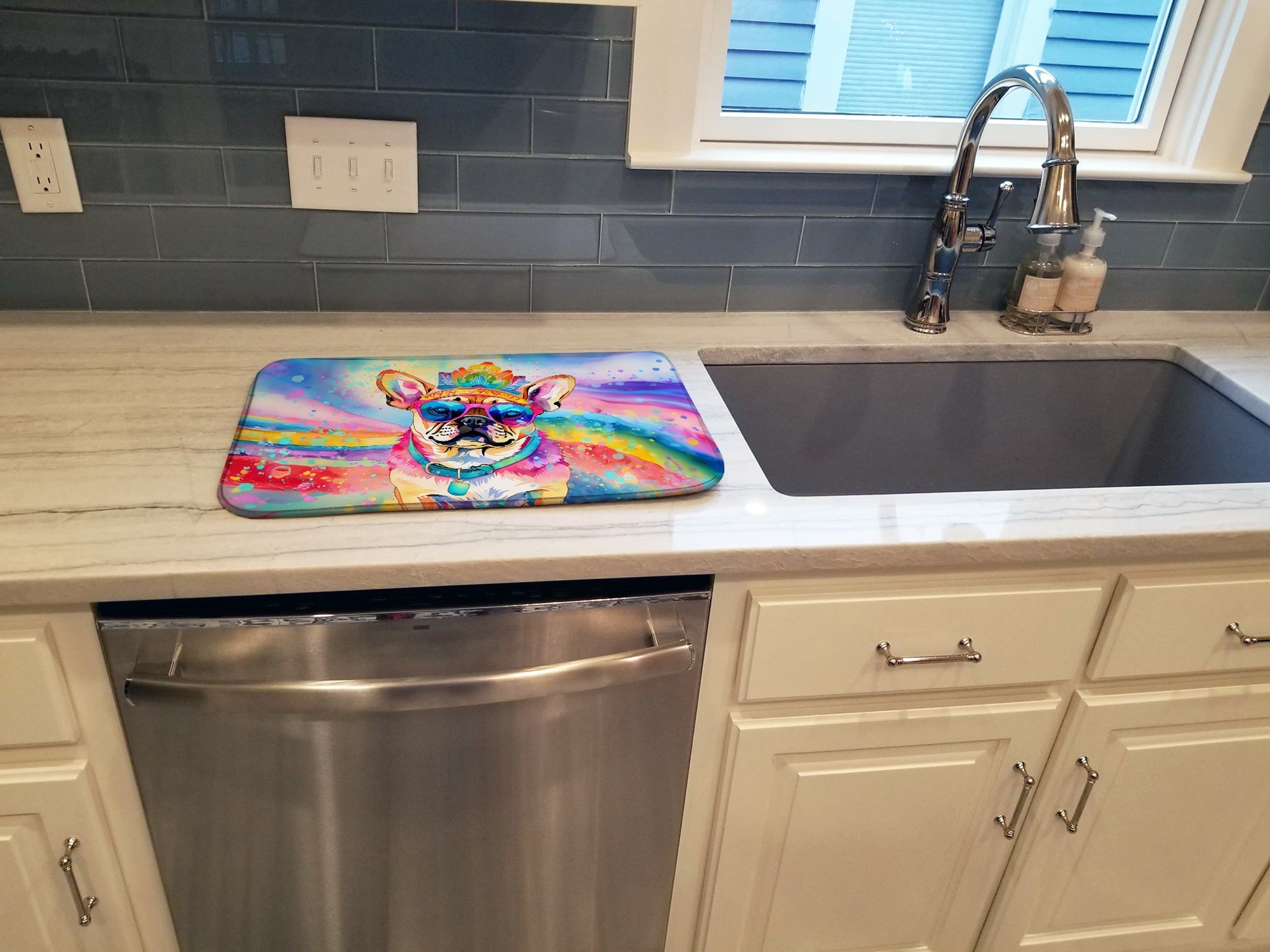 Pug Hippie Dawg Dish Drying Mat Absorbent Dish Drying Mat Pad for Kitchen Counter Dish Drainer Mat for Countertop, 14 x 21", Multicolor