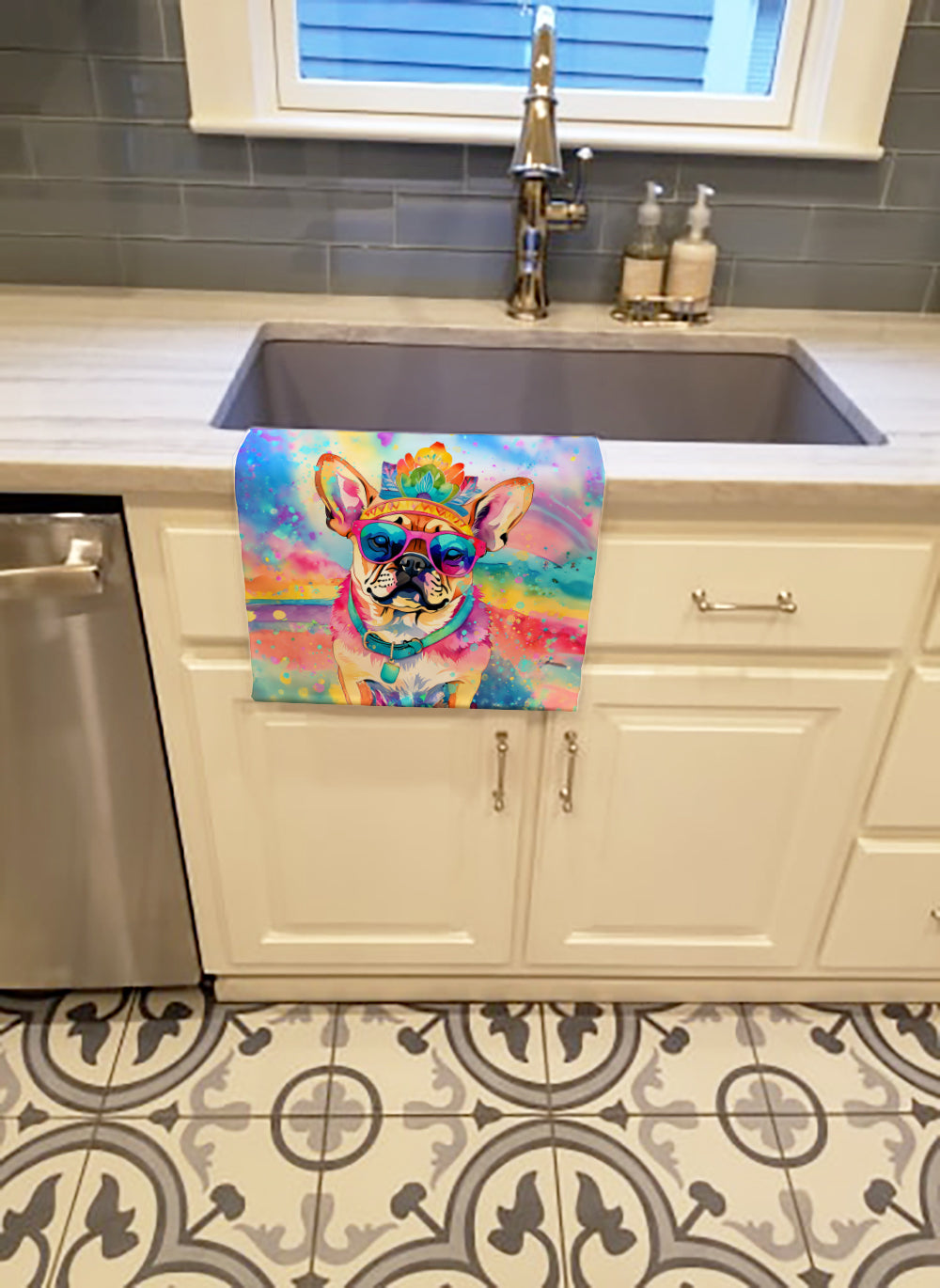 Pug Hippie Dawg Kitchen Towel Velour Plush Front and Cotton Loop Back Machine Washable
