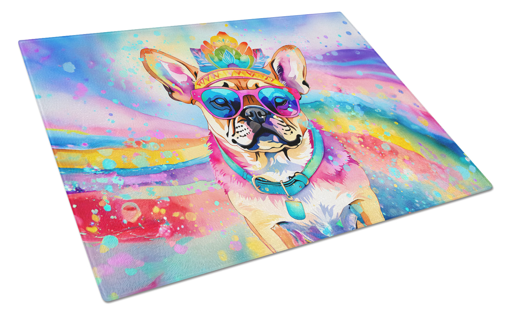 Pug Hippie Dawg Cutting Board Tempered Glass Kitchen Cutting Surface, Heat Resistant Chopping, Non-Slip Feet, Food Prep & Serving
